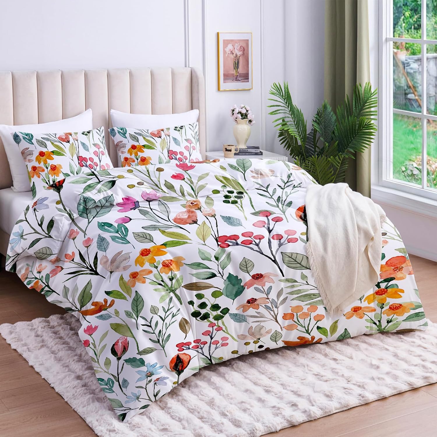 YIYEA Floral Duvet Cover Queen Size, Premium Double Brushed Microfiber Duvet Cover Set with Pillow Cases for All Season, Zipper Closure, 8 Corner Ties, Comforter Not Included, 3PC, Queen