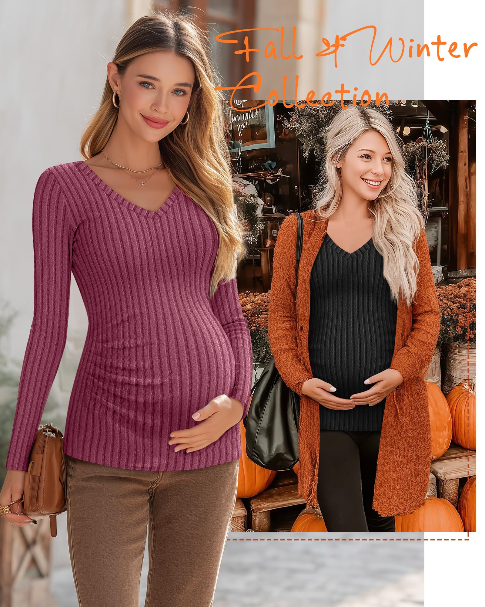 Ficerd Camisetas de Maternidad 3 Piezas, Ropa de Embarazo de Manga Larga, Cuello en V, suéter Acanalado para mamá