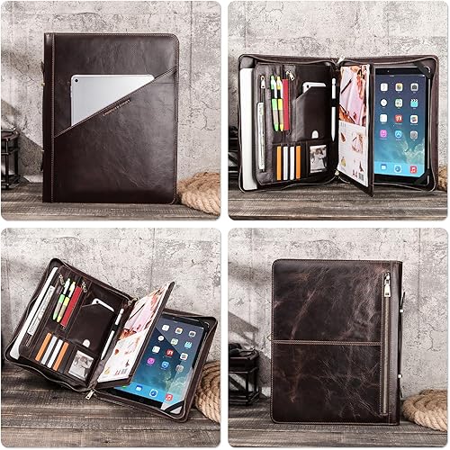 Miniatura 2 de Cartera grande de cuero de grano superior de 12.9 pulgadas, diseño vintage sólido, hecho a mano, gran capacidad, multifuncional, con cremallera,