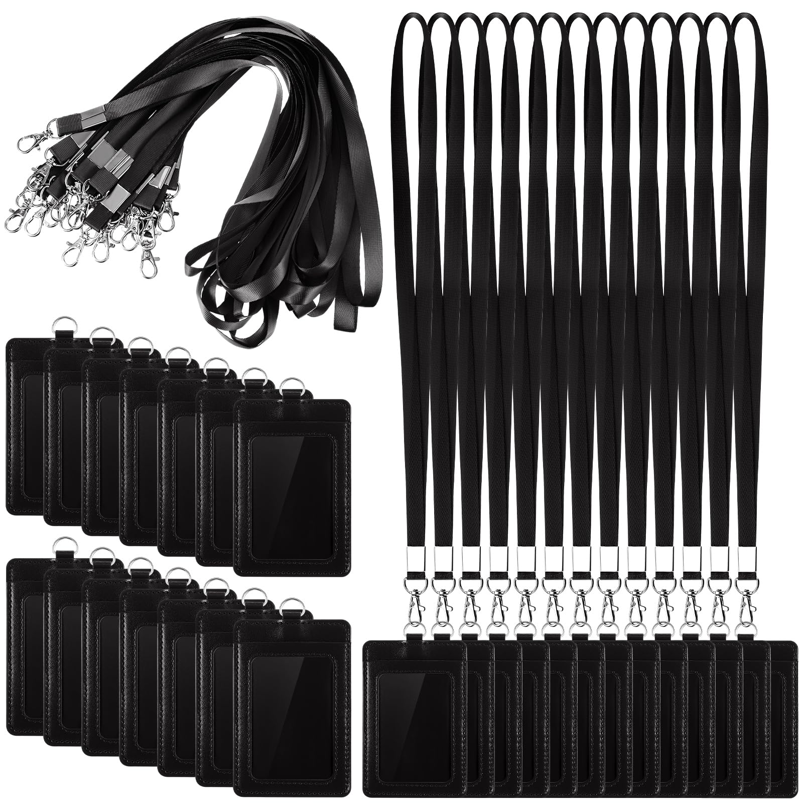 Fulmoon 25 Sets Leather Badge Holders with Lanyards Bulk Graduation Vertical ID Card Holder with Lanyard Detachable Neck Lanyard(Black)