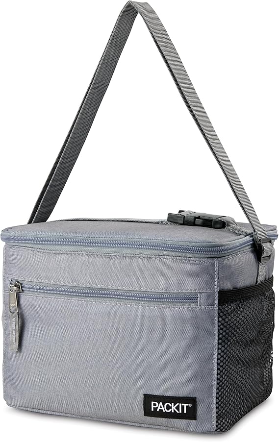 PackIt Freezable Essential Lunch Cooler, Gray Fog, Built with EcoFreeze Technology, Fully Freezable, Collapsible, Reusable, With Adjustable Crossbody Strap, Top Clip Handle, Designed for Fresh Office