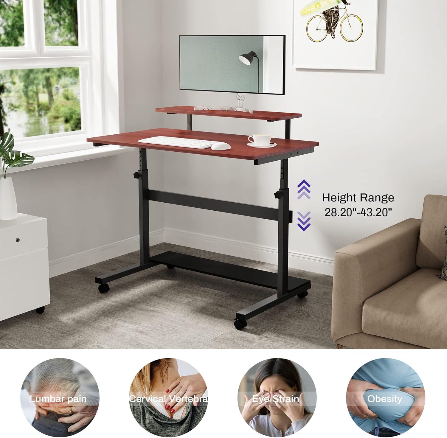 It's_Organized Height Adjustable Portable Computer Desk,41''Rolling Laptop Desk Mobile Standing Desk with Monitor Shelf & Hutch,Teak