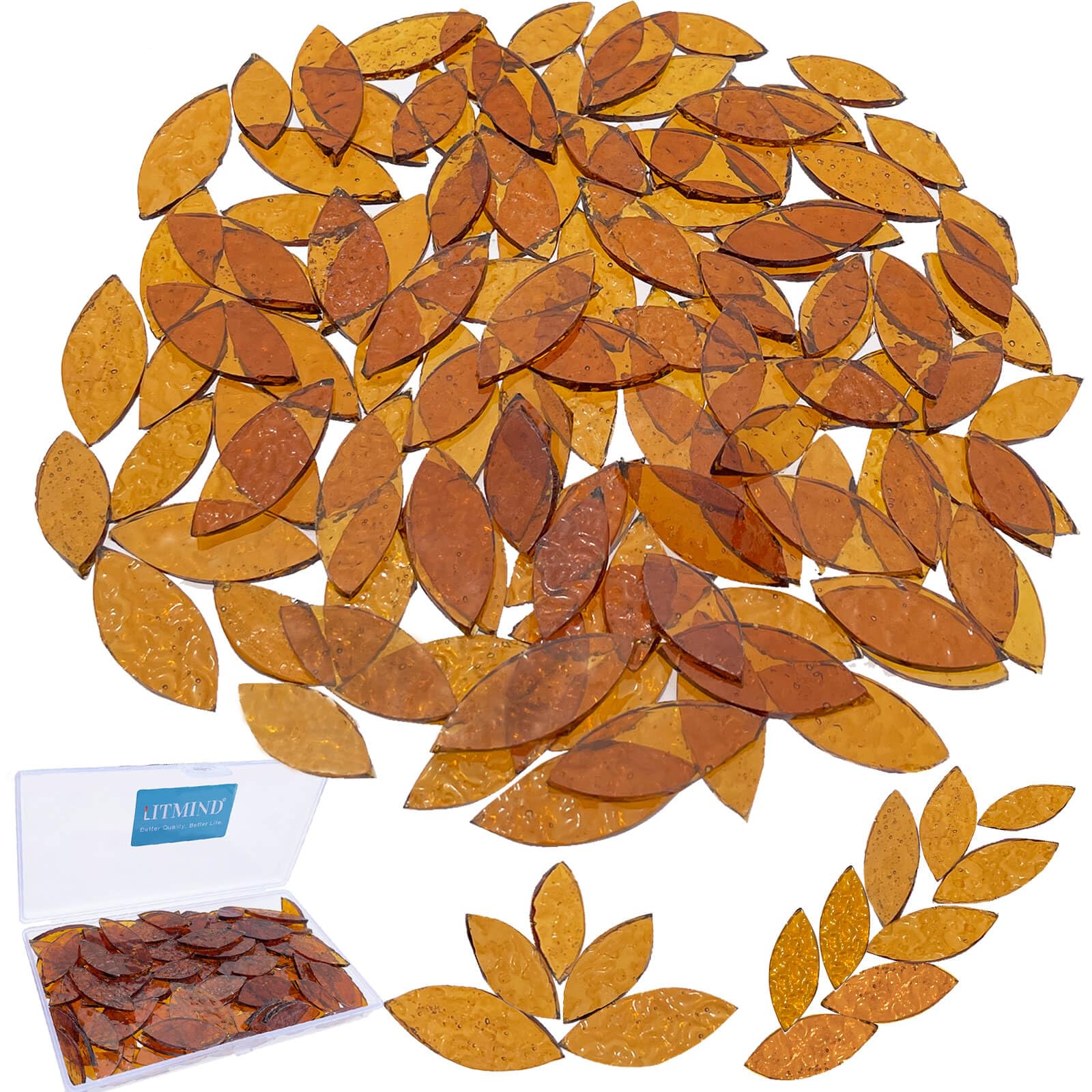 LITMIND 120 Pieces Brown Textured Transparent Mosaic Glass Petals & Leaves in 2 Sizes, Hand-Cut Stained Glass Mosaic Tiles for Crafts - Ideal for Mosaic Art Projects and Home Décor