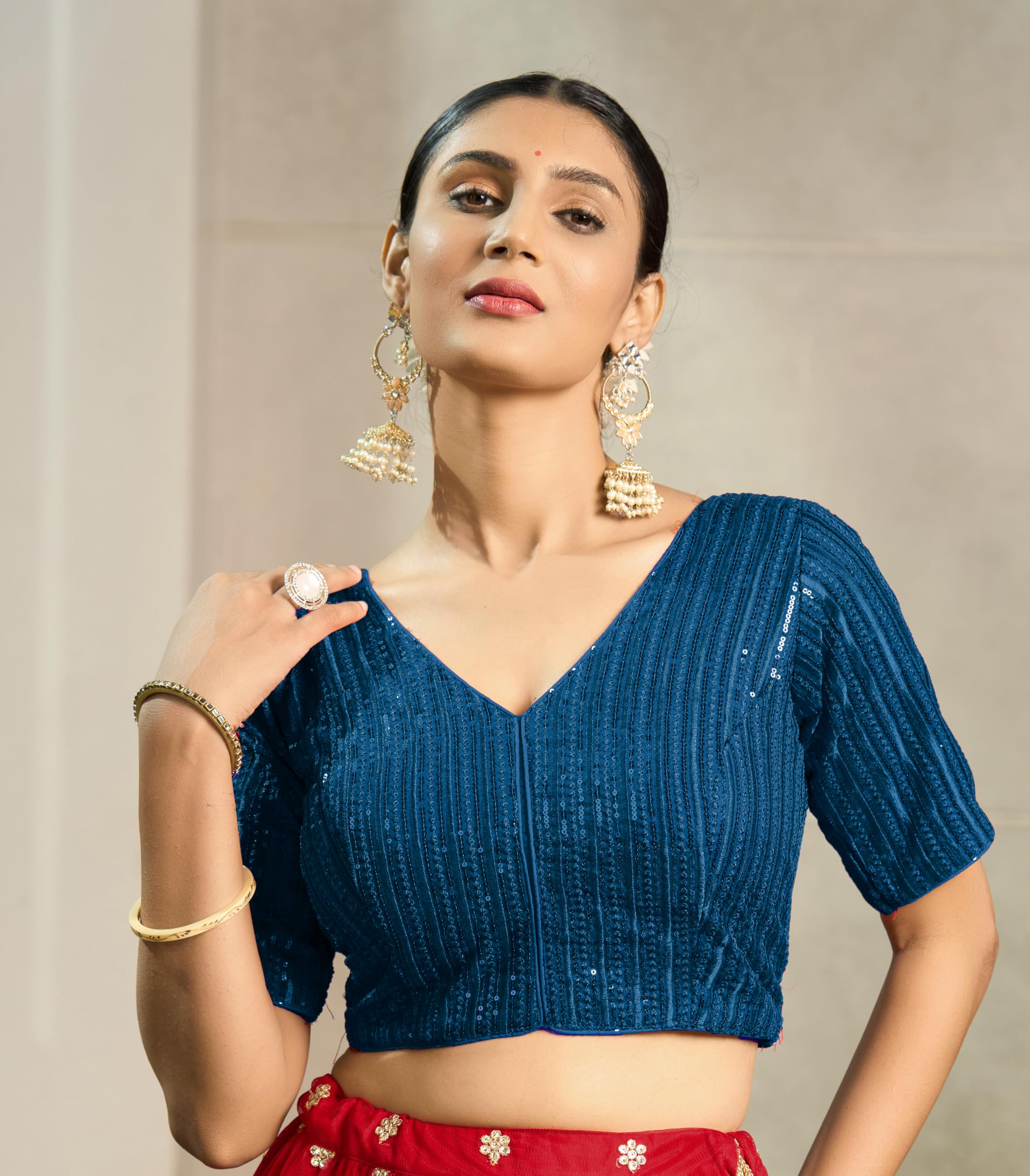 Pujia Mills Women's Indian Ethnic Wear Designer Silver Sequence With Matching Embroidered Work V Neck Half Sleeve Readymade Padded Saree Blouse Readymade Unique Morpeach Color Saree Blouse