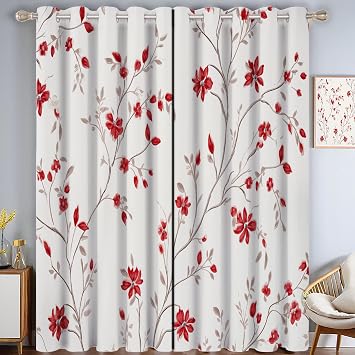 Red white Eyelet Curtains for Living Room Bedroom, Elegant Floral Small Flowers Vines Blackout Thermal Curtains, Decorative Fully Lined Curtain for Window Treatment 2 Panel, W 66" x L 90"