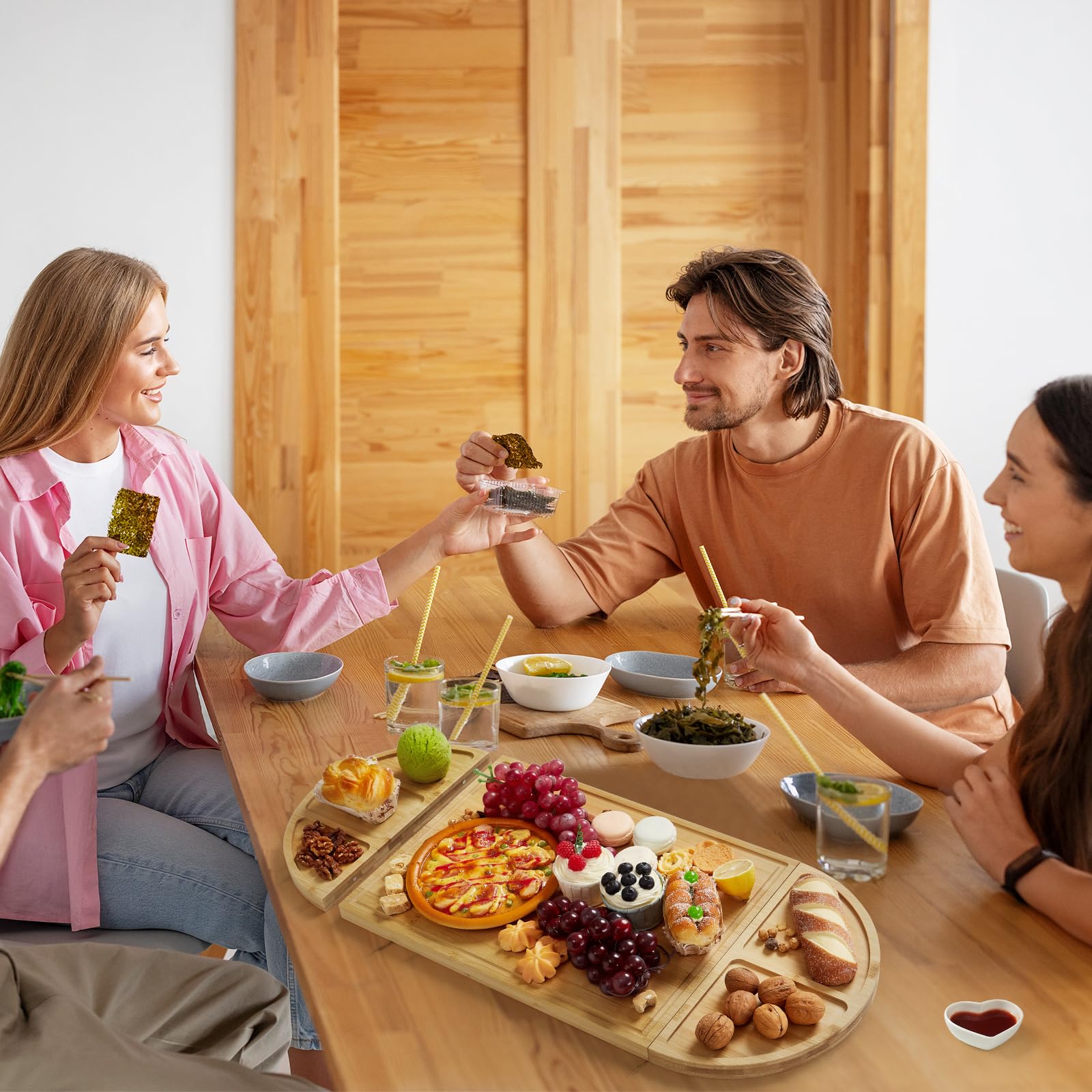 Garvee Lot de 3 planches à découper magnétiques en bambou – Planche apéritif/assortiment & fromage, ample surface – Rainure à jus profonde – Compartiments intégrés – Plateau de service