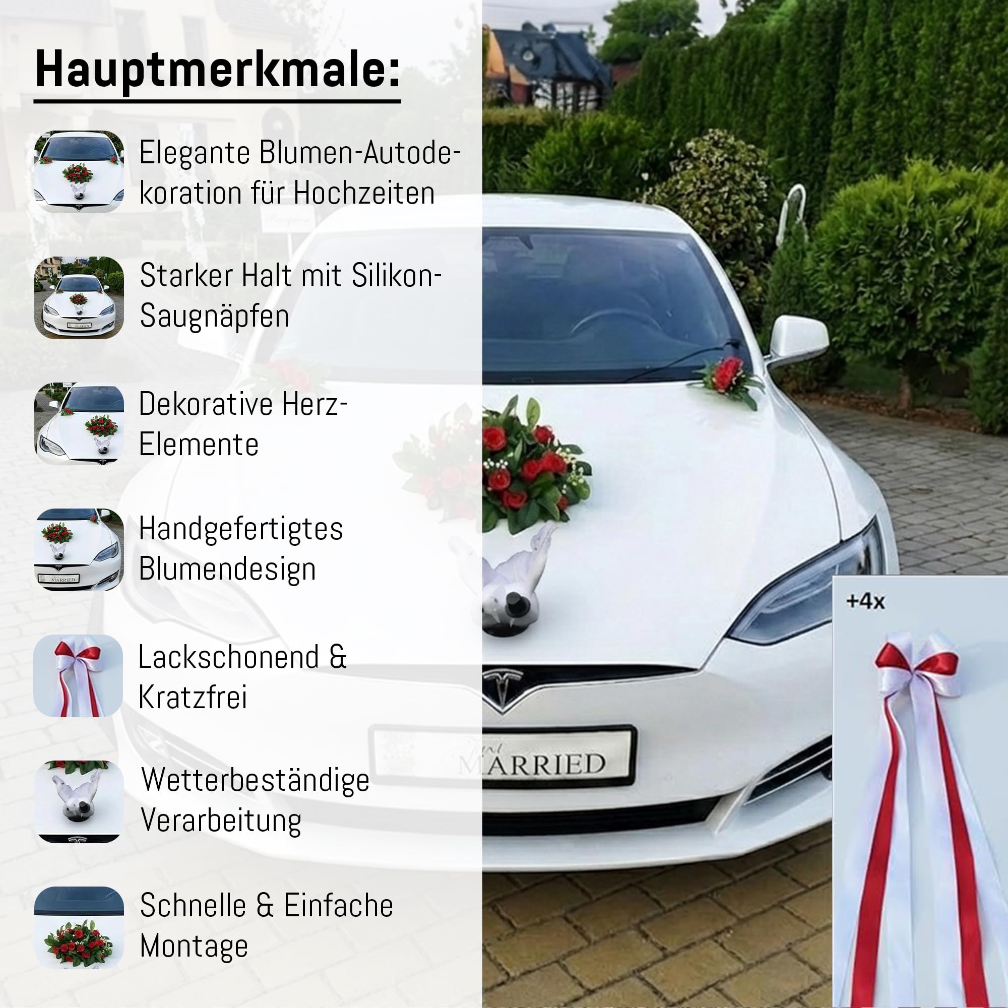 ECHTER ROSESTRAUSS Autoschmuck Braut Paar Rose Deko Dekoration Autoschmuck Hochzeit Car Auto Wedding Deko (Rot)