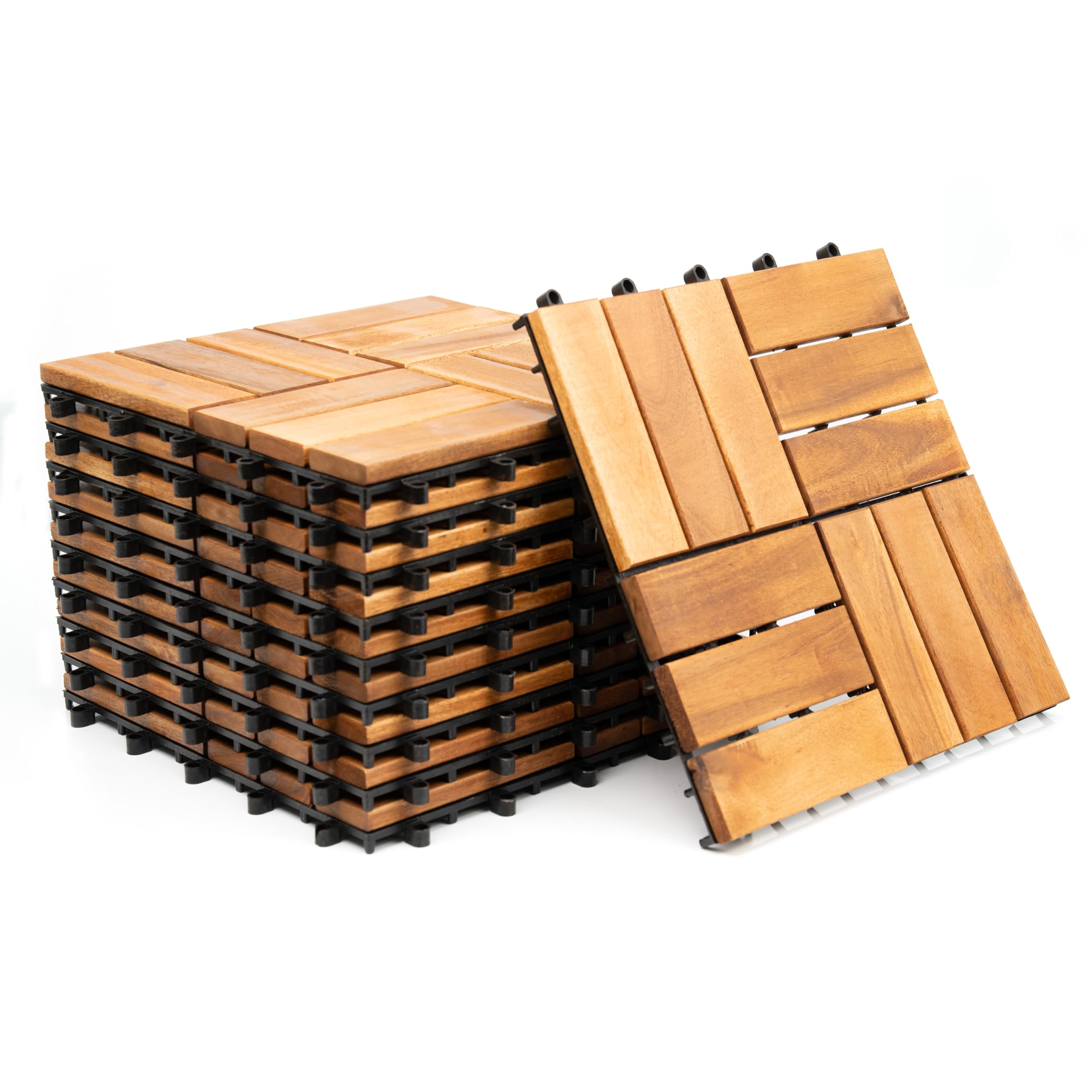 Crystals Hardwood Decking Tiles 30x30cm – Pack of 18 Tiles - 12-Slat Interlocking Floor Tiles for Patio, Balcony, Garden, or Hot Tub Deck – Weather-Resistant, Easy to Installation, Great Drainage