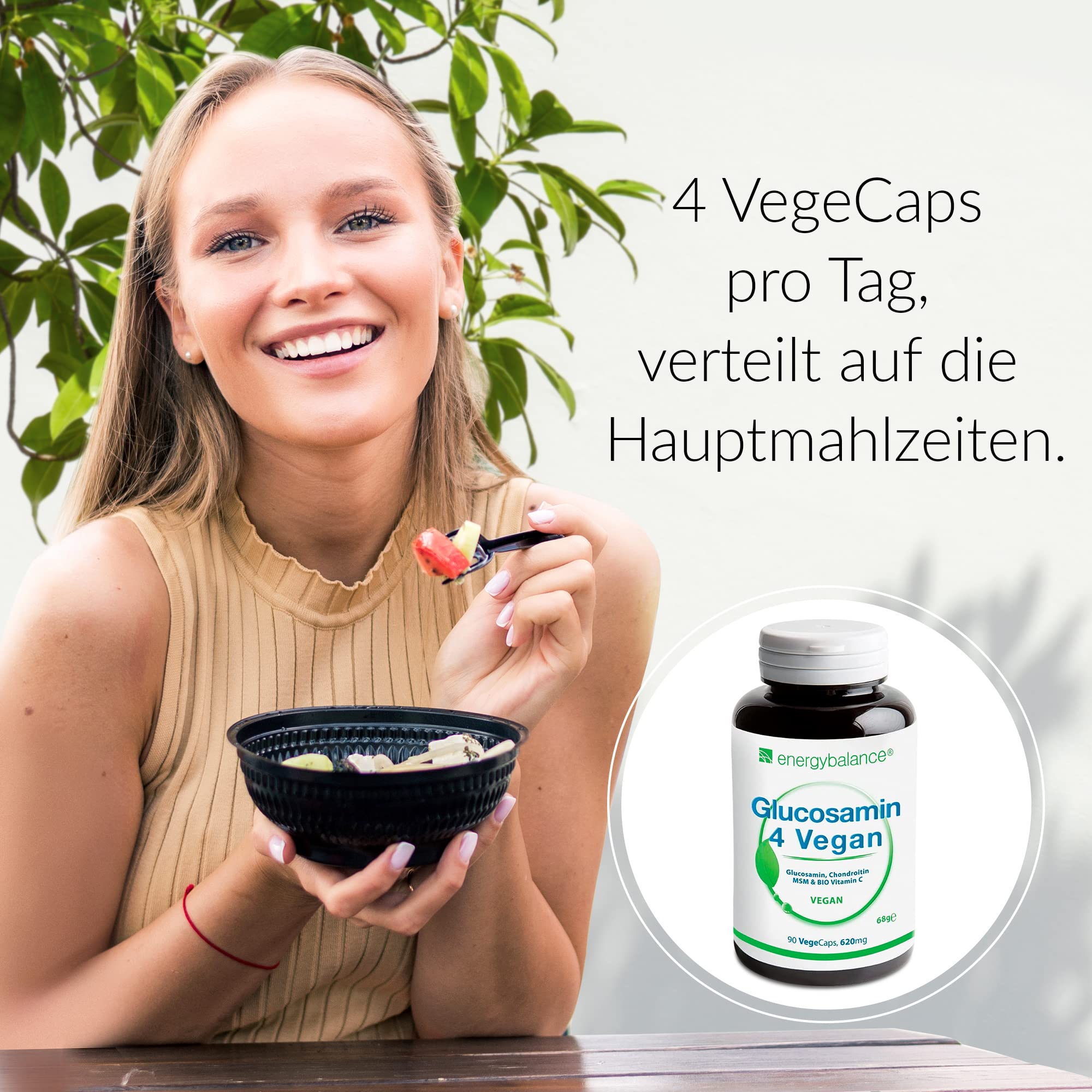 Glucosamin 4 Vegan 620mg pro Kapsel - Vier vegane Inhaltsstoffe in einem zum Wohlbefinden: Glucosamin, Chondroitin, MSM (Methylsulfonylmethan) und Acerola-Vitamin C - 90 Kapseln