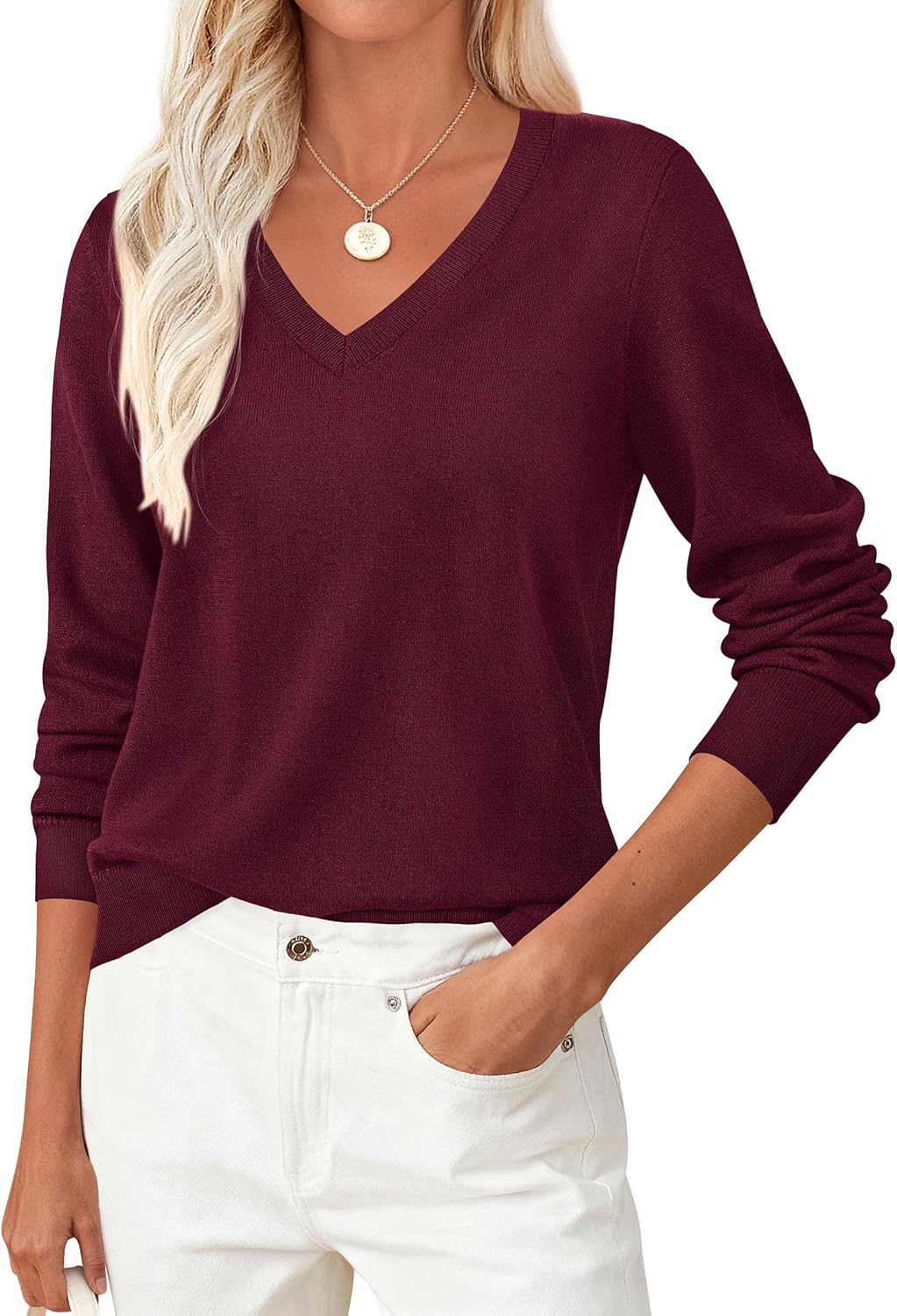 PRETTYGARDEN Women's V Neck Sweaters 2026 Fall Casual Long Sleeve Classic Pullover Cozy Knit Tops Loose Basic Winter Clothing