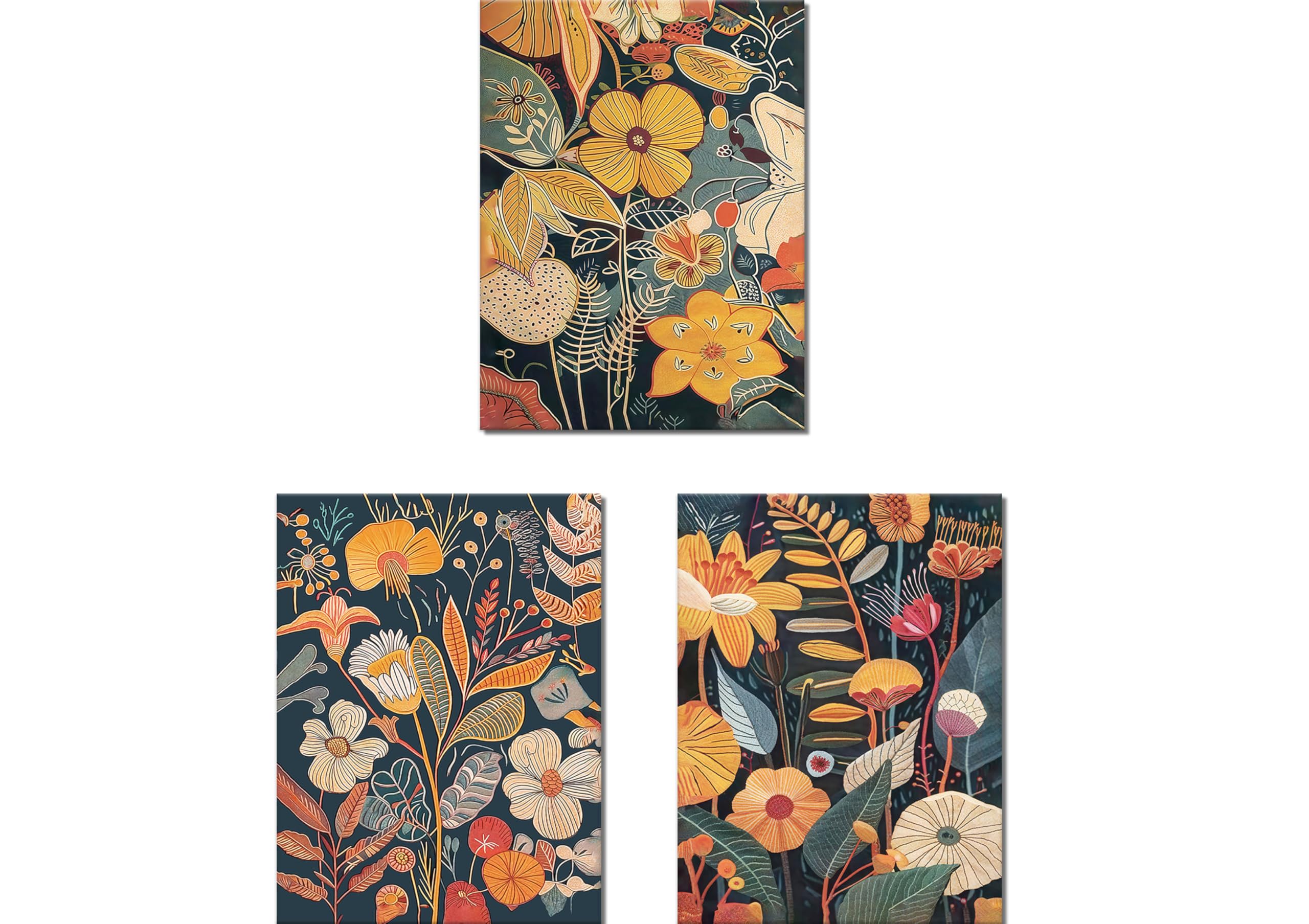 Orange Floral Wall Art Set of 3, Mid Century Modern Pictures Wall Decor, Colorful Boho Canvas Prints, Abstract Flowers Posters, Botanical Artwork for Living Room Bedroom Unframed 16X24 inch