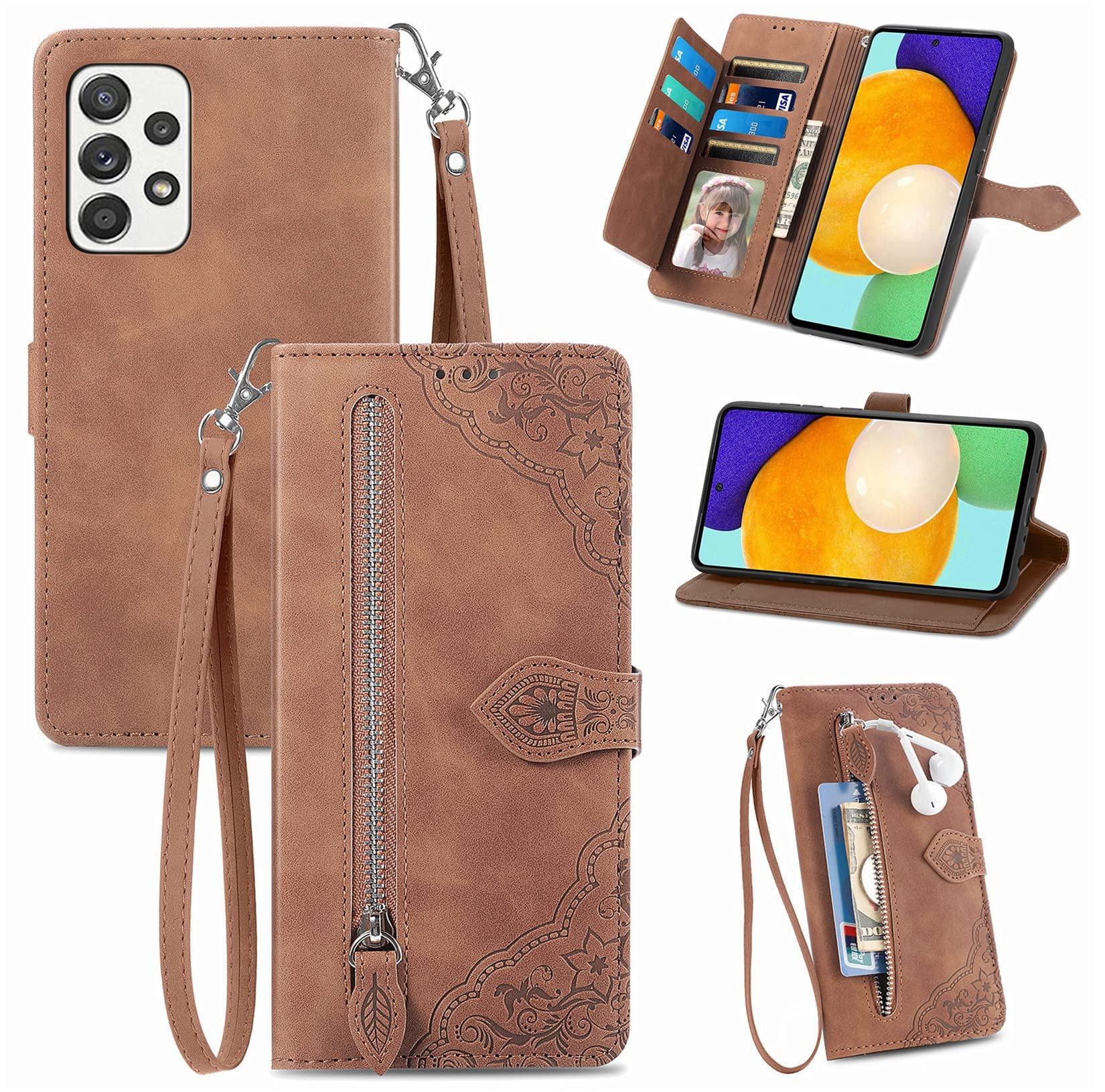 Hancda Case for Samsung Galaxy A72 4G / A72 5G, Wallet Case Leather Cover Flowers Pattern Design with Card Holder Slot Strap Zipper Pocket Magnetic Shockproof Flip Case for Samsung Galaxy A72,Brown