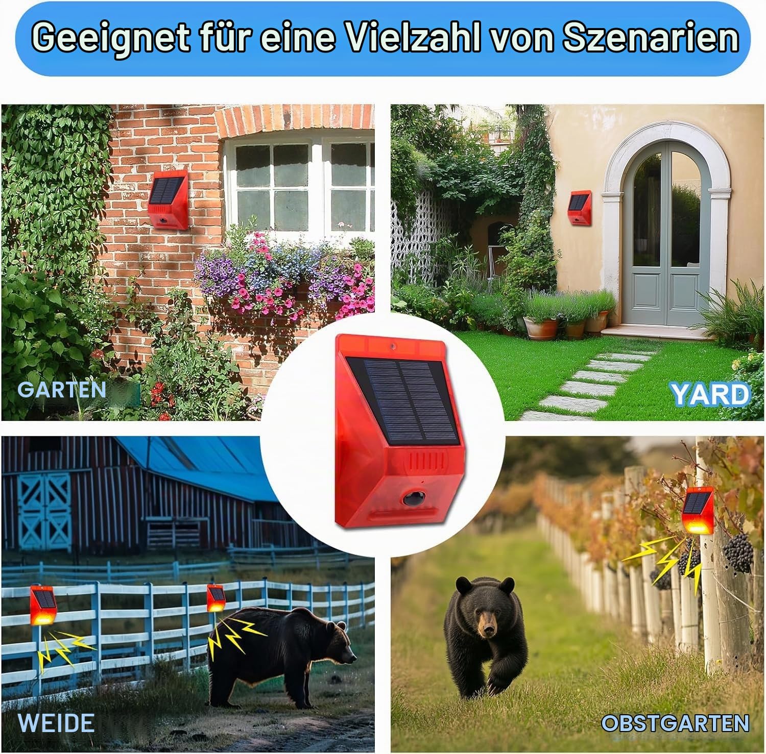 ChunHee Solar-Bewegungsmelder Außen-Bewegungsmelder 129 dB Lauter Geräuschsicherheitssirene IP65 Wasserdicht Geschützt für Garten, Bauernhof, Garten, Hühnerstall, 4-Pack