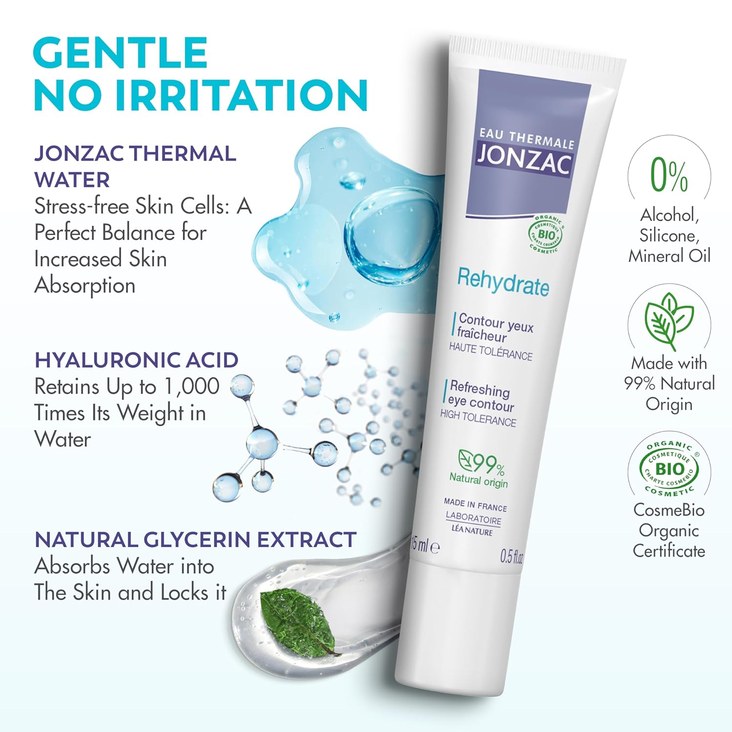 Eau Thermale Jonzac Rehydrate Organic Refreshing Eye Contour Cream - Soothing Hydration with Hyaluronic Acid For Dark Circles -For Sensitive Skin 0.5 Fl Oz - Image 2