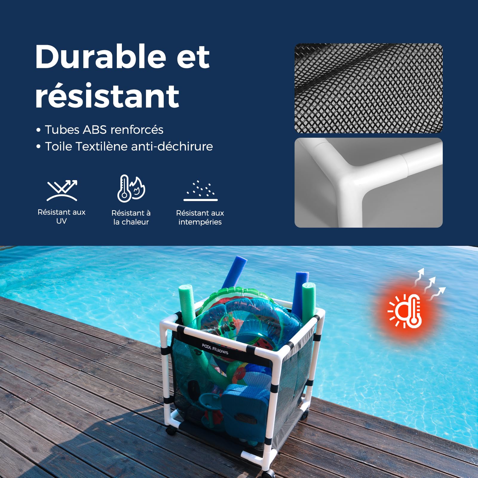 Bac de rangement de piscine, 397 litres, support pour frites de piscine, jouets, flotteurs, serviettes, organiseur en maille pour équipements de natation, style Basic Pro