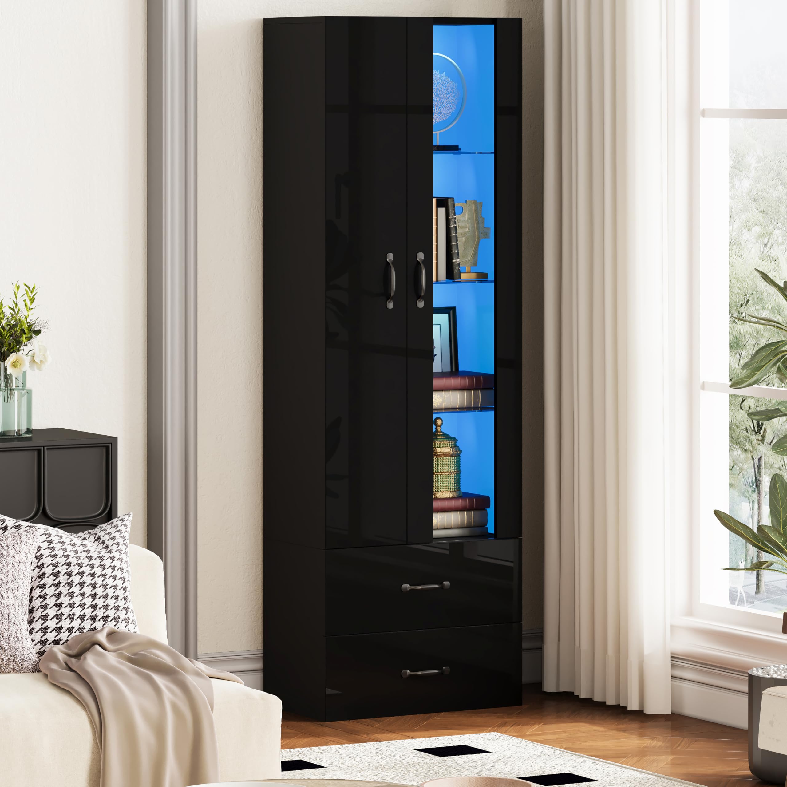 Vitrina de pie con 2 puertas y 2 cajones, vitrina de cristal con iluminación LED, armario multifunción para armario de salón y comedor (negro, 60 x 35 x 182,5 cm)