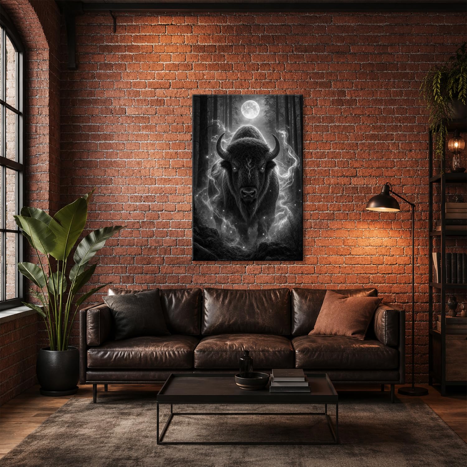 Obraz na płótnie Bison ze świecącymi oczami w pełni księżyca 80 x 60 cm czarno-biały
