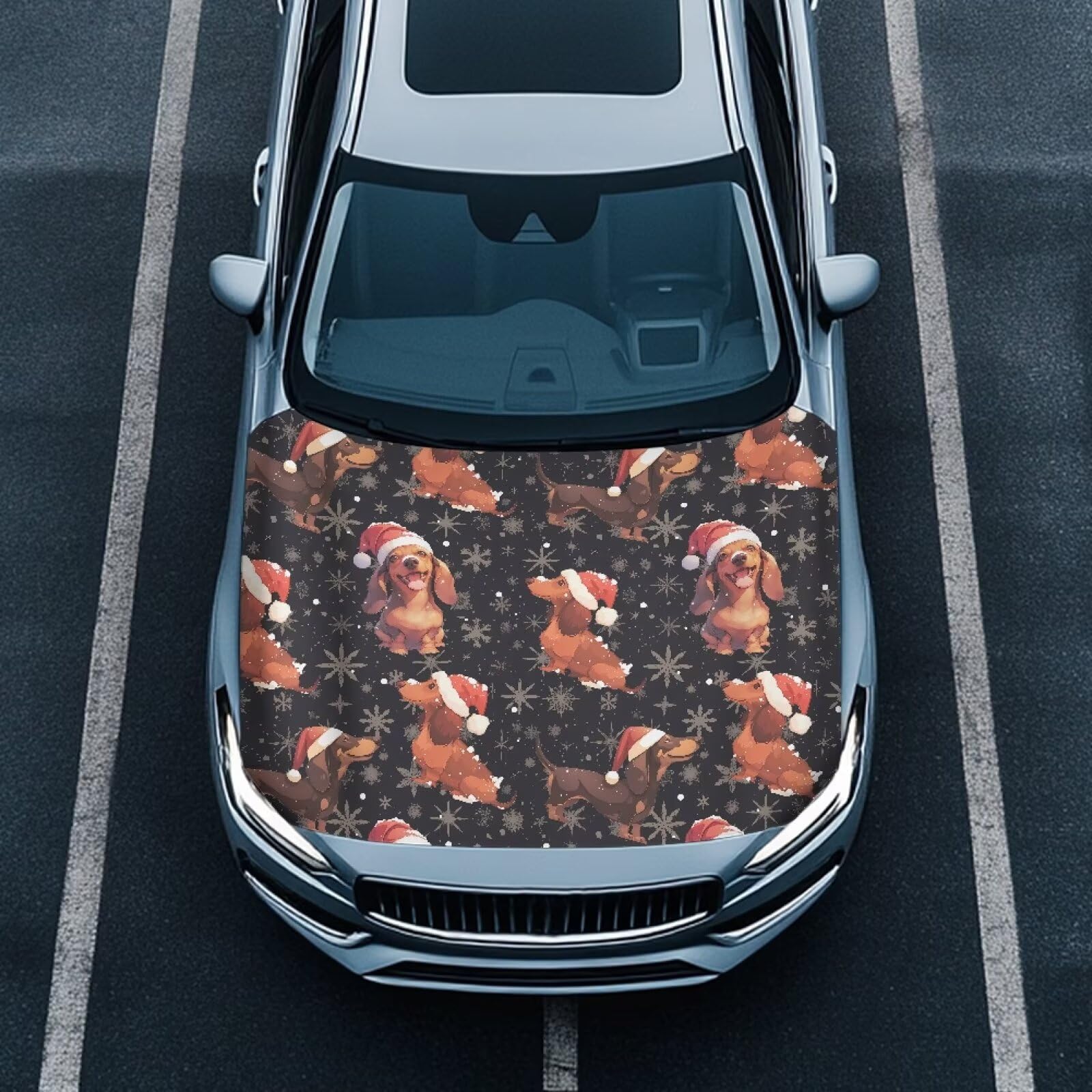 Christmas Car Hood Protector, Christmas Hat Dachshund Stretchable Polyester Protector for Car Hood, Santa Claus Hat Animal Universal Auto Exterior Accessories for Sedan