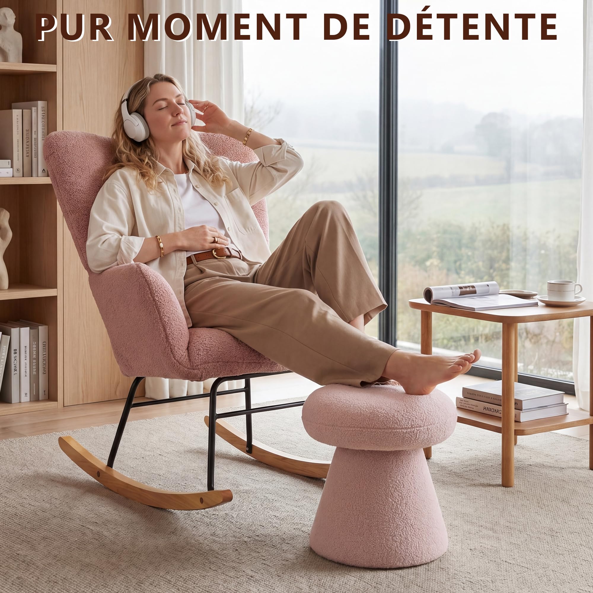 DEKKETO Fauteuil à Bascule - Rocking Chair, Fauteuil Relax Scandinave en Tissu Bouclette, pour Salon, Allaitement, Chambre, Pieds en Bois Massif, Rose