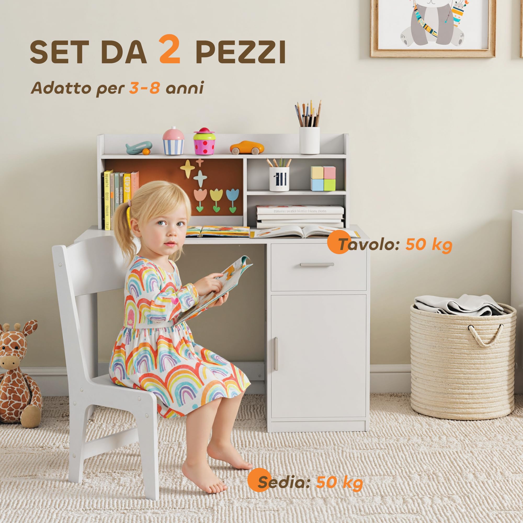 AIYAPLAY Set Scrivania e Sedia per Bambini con Ripiani, Armadietto, Cassetto e Bacheca, Set Tavolo e Sedia per Bambini 3-12 Anni, Banco Scuola per Ragazzi in Legno per Cameretta, Sala Studio, Bianco