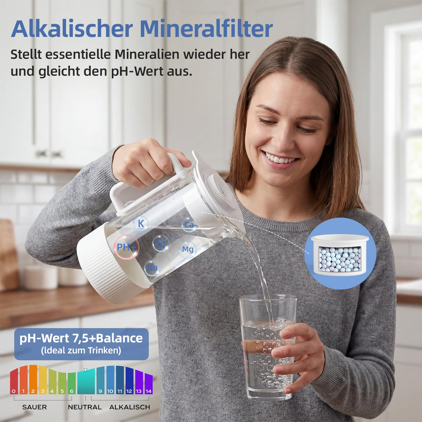 Instalacja osmozy do wody pitnej, 6-stopniowa filtracja przeciwko azotanom i PFAS, stosunek ścieków 4:1, monitor TDS, zbiornik 4L, 1,2 l szklany dzbanek do remineralizacji wody alkalicznej
