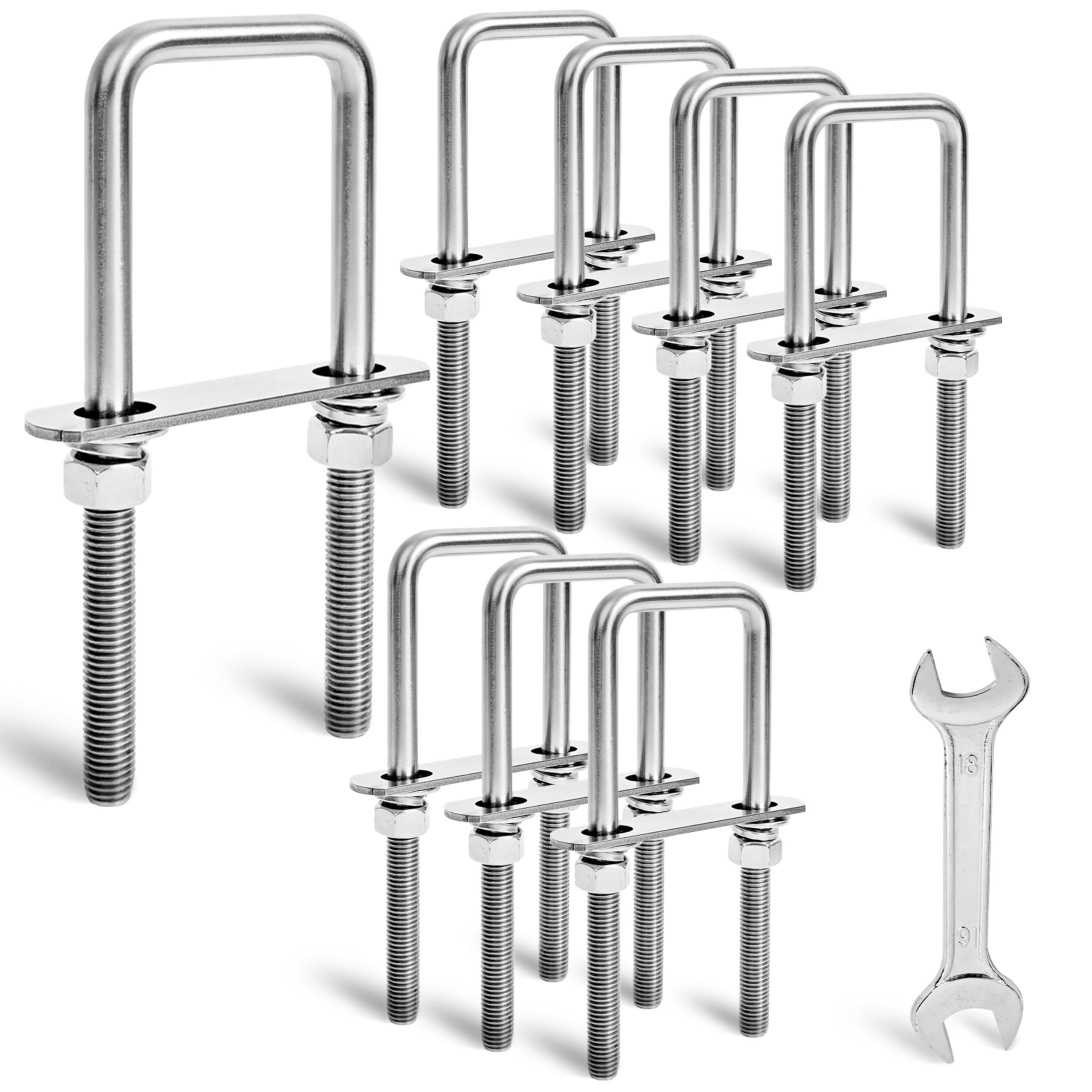 SRZTXU 8 Sets Heavy Duty Square u Bolts M12 Thread Size,304 Stainless Steel u-Bolts 2-1/16" W x 6-1/2" L,with Nuts,Bolt Plate and washers (8, M12 x 2-