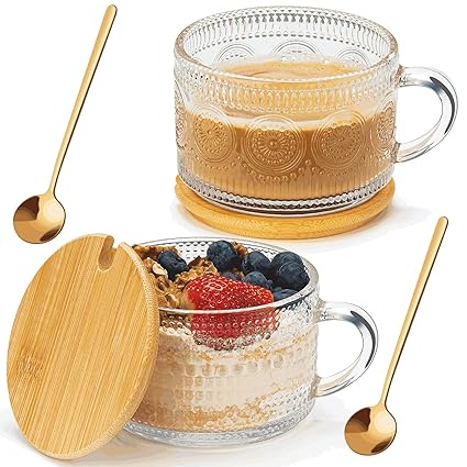 Vintage Glass Coffee Mugs Set of 2, Overnight Oats Containers with Bamboo Lids and Spoons - 14oz Clear Tea Cups for Cappuccino Latte Americano Cereal Yogurt Beverage