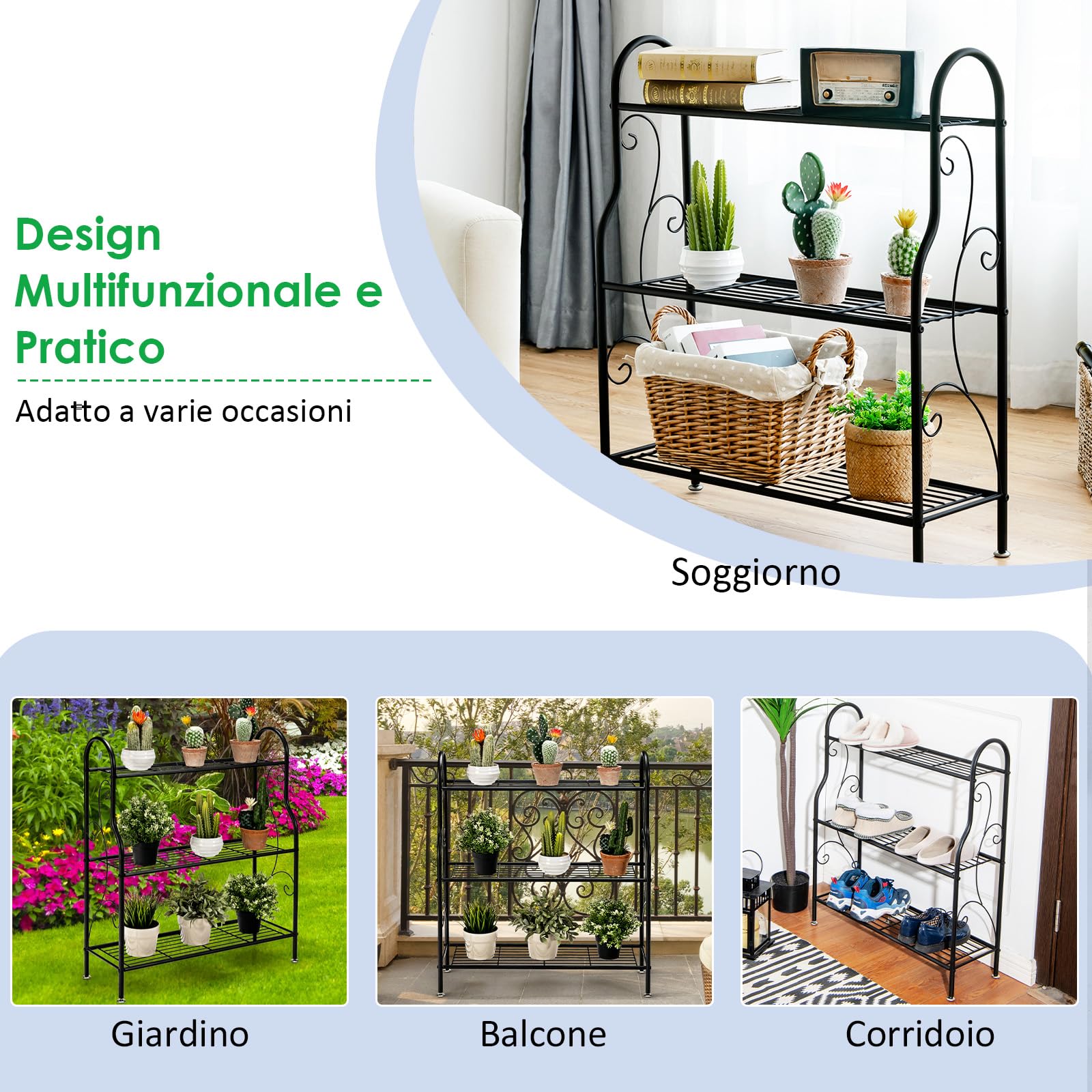 COSTWAY Porta Piante in Metallo a 3 Livelli, Scaffale Portavasi Interno ed Esterno con Elegante Motivo a Volute, Scaffale a Scala Multifunzionale per Casa, Giardino, Balcone e Corridoio