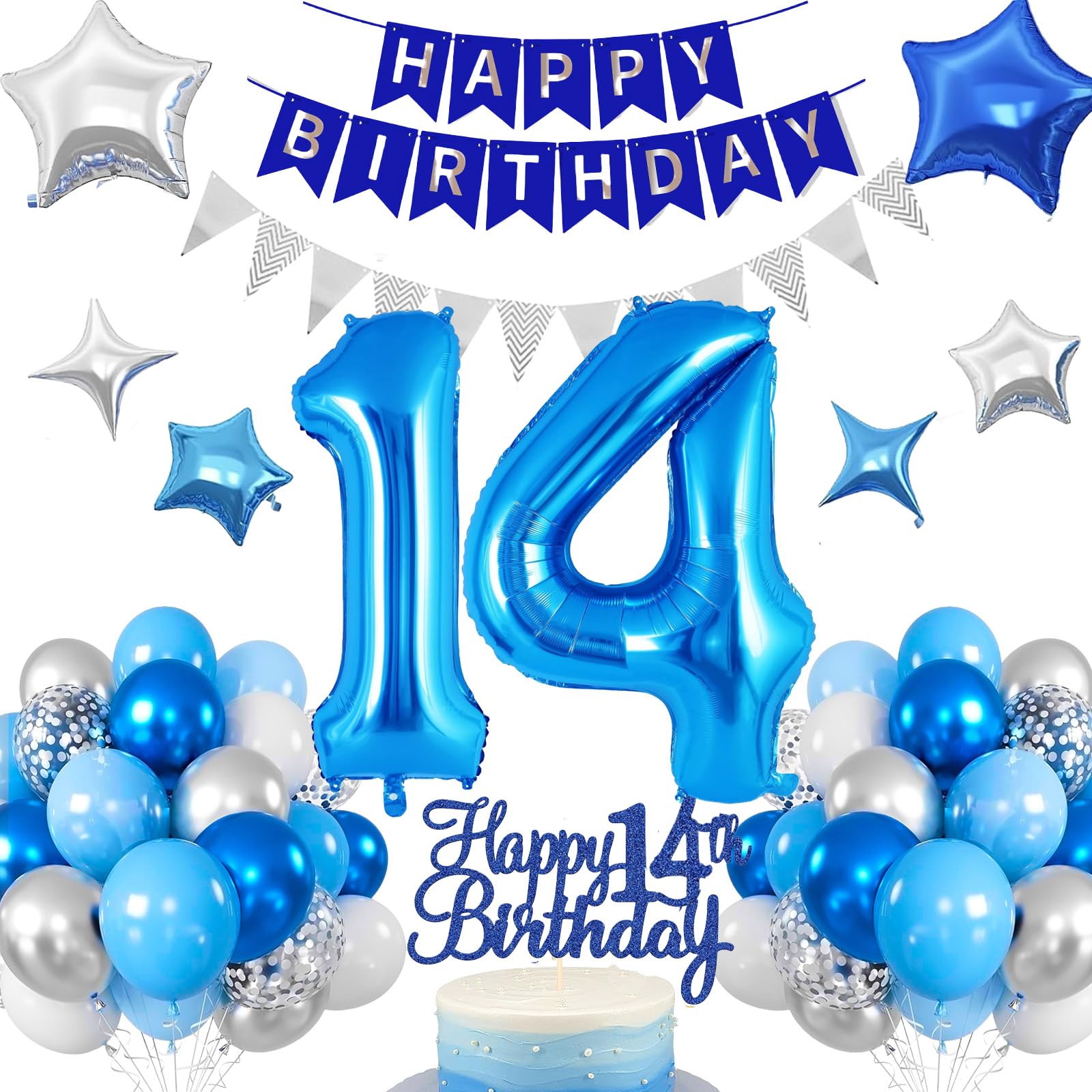 14th Birthday Decoration, 14th Birthday Boy Blue, Birthday Decoration 14 Years Boy, Balloons 14th Birthday Happy Birthday Garland Balloon 14 Decoration for Birthday, Birthday Decoration Boys 14 Years — image 1