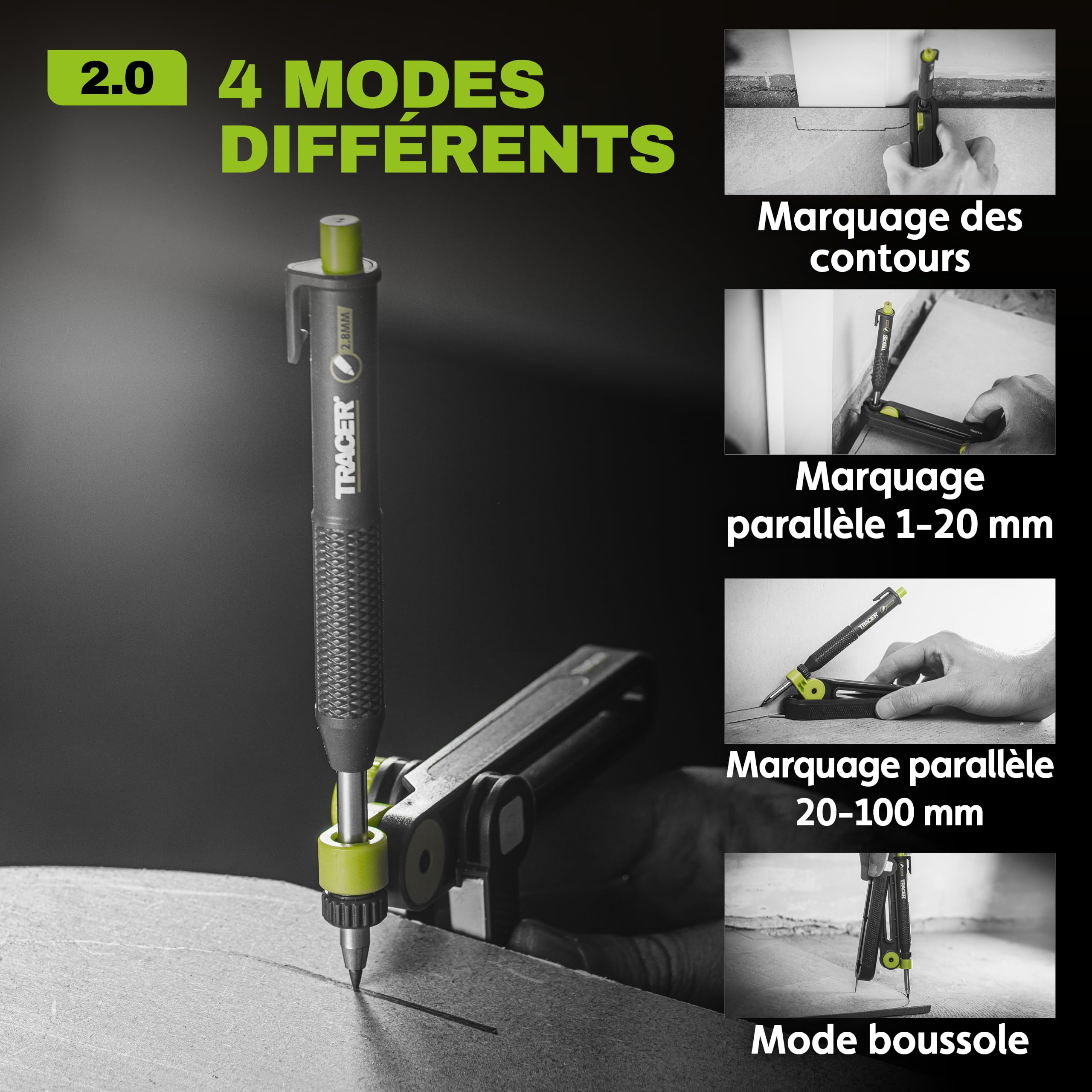 TRACER TrueScribe Outil de Traçage avec Crayon de Chantier, Étui & 12 Mines – Porte‑Mine Chantier pour Menuisiers