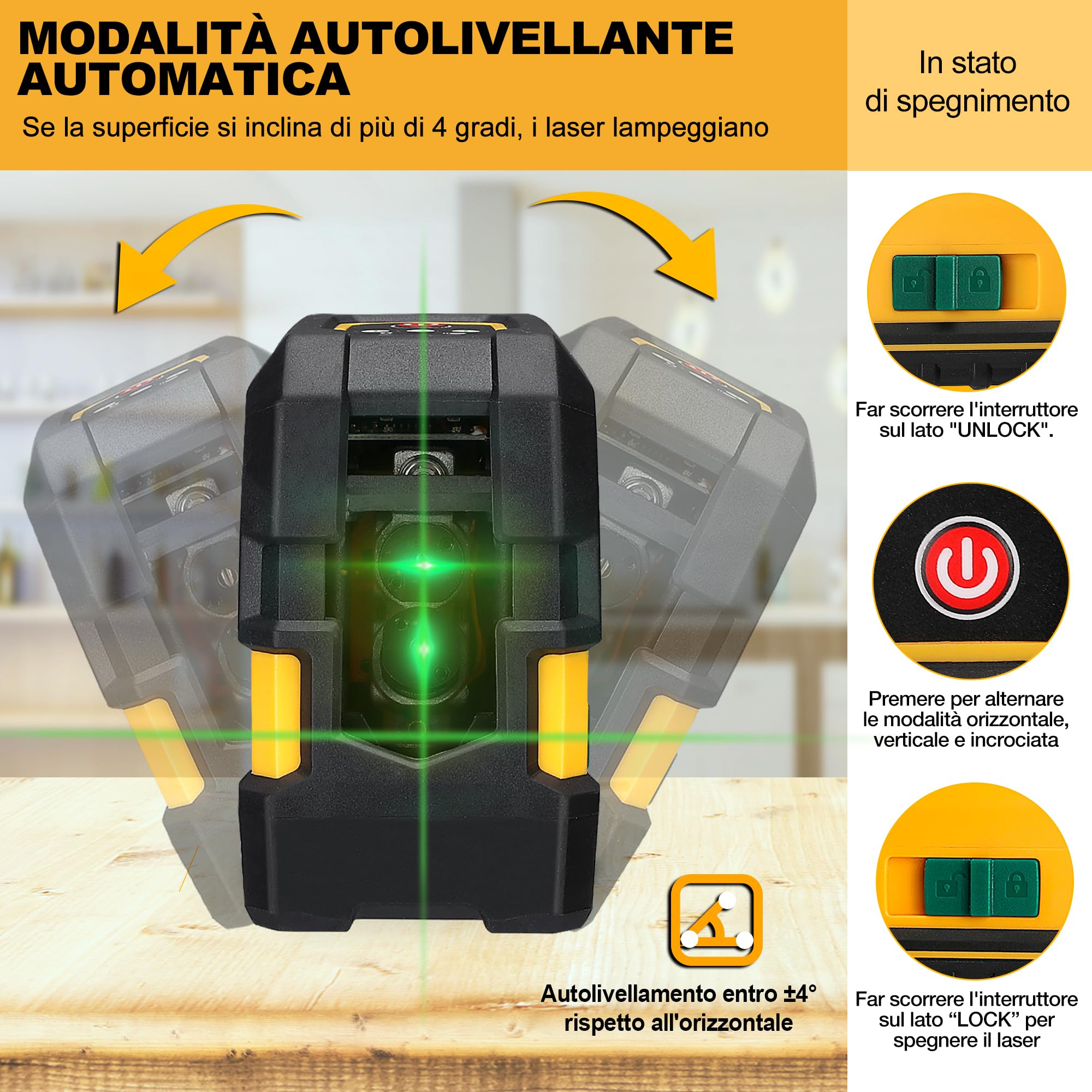 PREXISO Laser a Linee, Livella a Linea Laser, Livella Autolivellante, Laser a Linea Verticale/Orizzontale, Laser Verde con 3 Modalità, Livella Laser Professionale con Supporto Magnetico e Treppiede