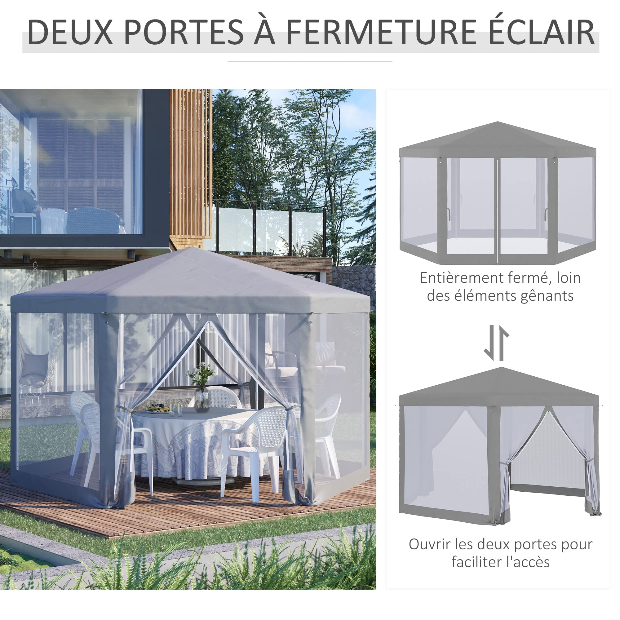 Outsunny Tonnelle Barnum Tente de réception hexagonale Style Cosy métal Polyester Gris