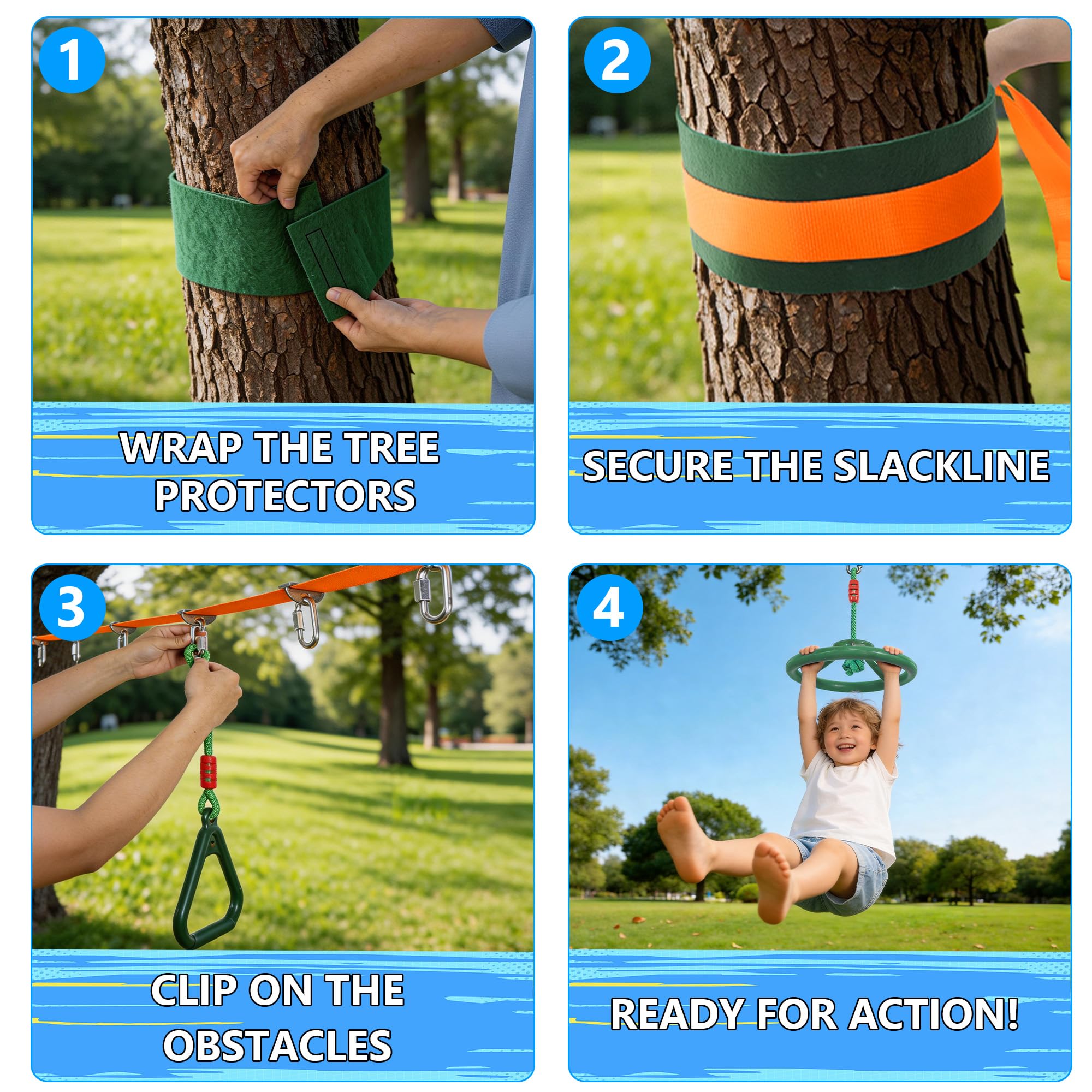 Slackline - Kit para niños, 15 m ninja, para niñas y niños, incluye escaleras, nudos de cuerda, ruedas de Ninja, anillos de suspensión, escaleras de escalada, etc