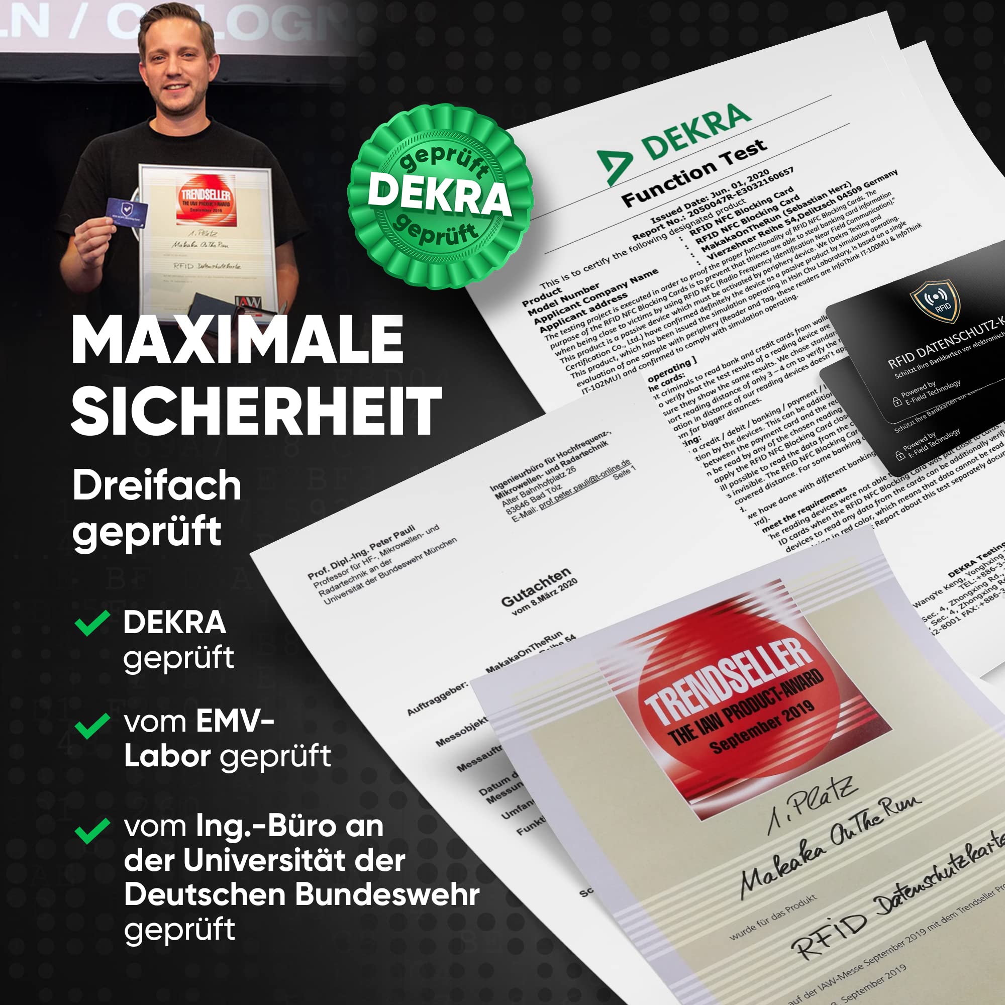 DEKRA + EMV sprawdzona karta blokująca RFID 360° ochrona RFID zakłócacz elektroniczny - karta blokująca NFC - karta ochronna do dużego portfela - karta ochronna przed kradzieżą danych - karta