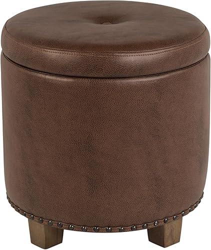 Homepop Decoración del hogar Otomana de almacenamiento redonda tapizada con tachuelas Otomana con almacenamiento para sala de estar y dormitorio,