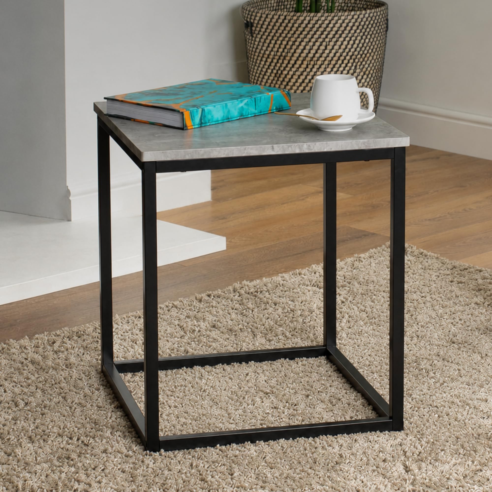 LIVIVO Concrete Effect Coffee & Square Side Table Girder Inspired Metal Frame - Rectangle Industrial Coffee Table Perfect For Home Interior Tea Snack Laptop Office Furniture - (Side Table, Grey)