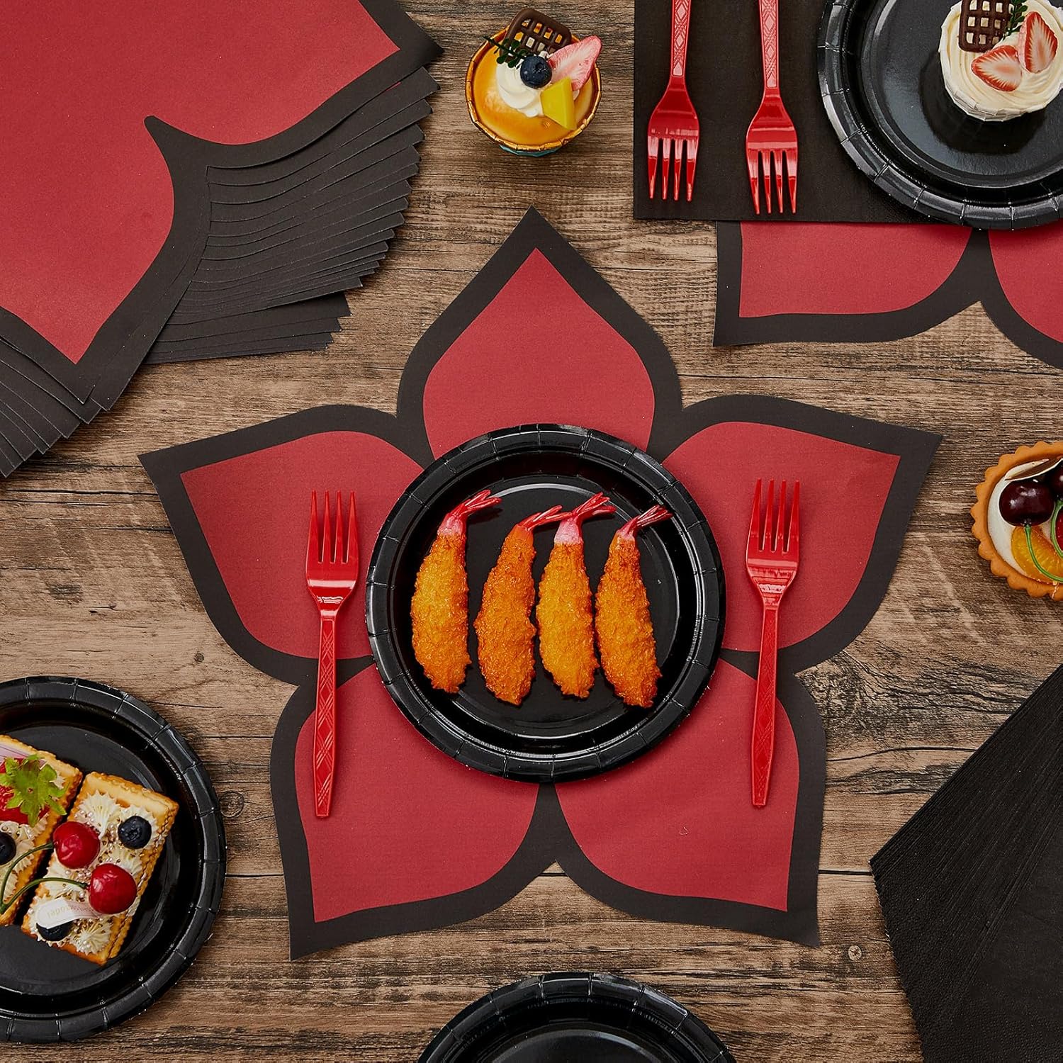Yungyan 96 Pcs Spooky Rustic Black and Red Birthday Party Supplies Tableware Set Plates, Forks, Napkins and Flower Disposable Placemats for Gothic Birthday Spooky Theme Fiesta Party Decorations Serves