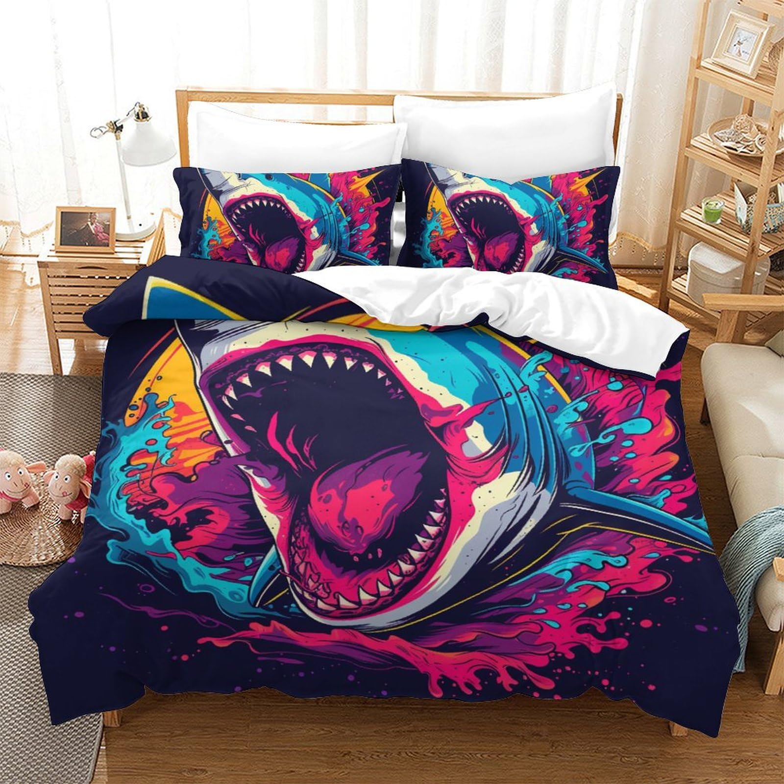 LKBASOEGD Bedding Duvet Cover Set Shark Microfibre Comforter Cover 3D Print Quilt Cover with 3 Piece Set Pillowcases for Children, Adults Double（200x200cm）