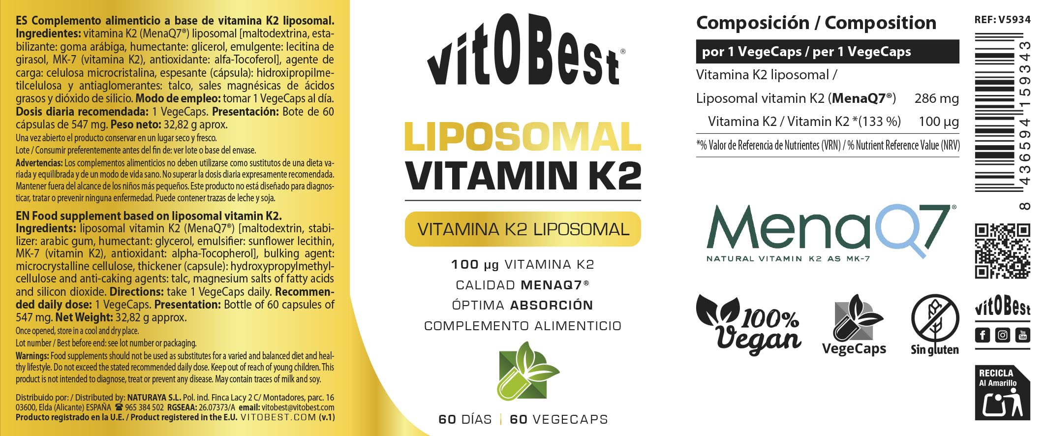 VITOBEST | Liposomal Vitamin K2 | Contribuye a la coagulación normal de la sangre y al mantenimiento de los huesos | Vitamina K2 (MK-7) liposomal 100 mcg por cápsula | 60 VegeCaps