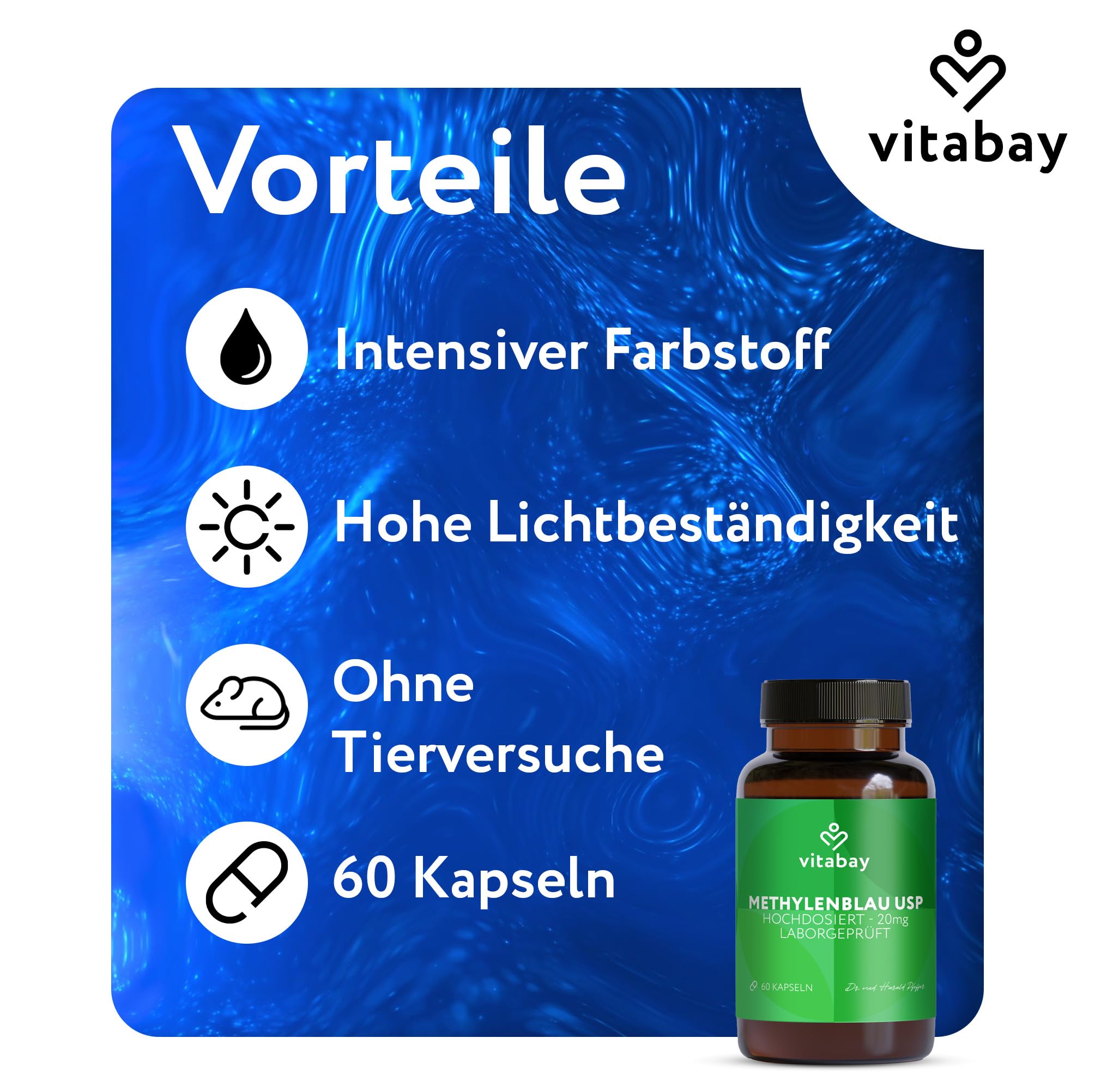 Vitabay Methylenblau Kapseln – 180 Stück – mit 20 mg Methylenblau | pro Kapsel – entwickelt für Forschungs- und Analysezwecke – Laborgeprüft in Deutschland