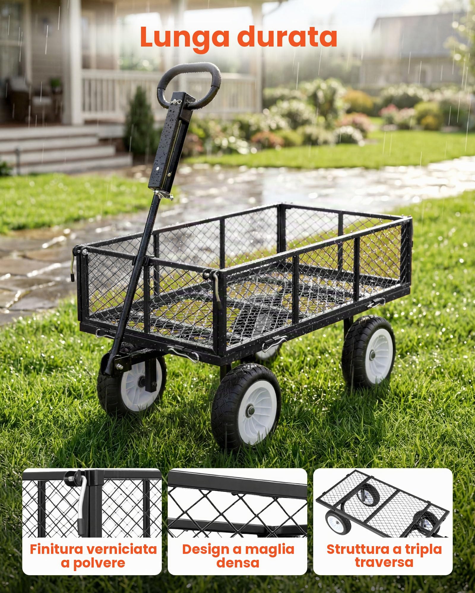 VEVOR Carrello Portaoggetti da Giardino Carico max 408,2 kg Carrello da Trasporto per Legna Terra Detriti Lati Rimovibili Pneumatici Antiforatura in PU, Carretto Compatibile con Trattore ATV, Nero