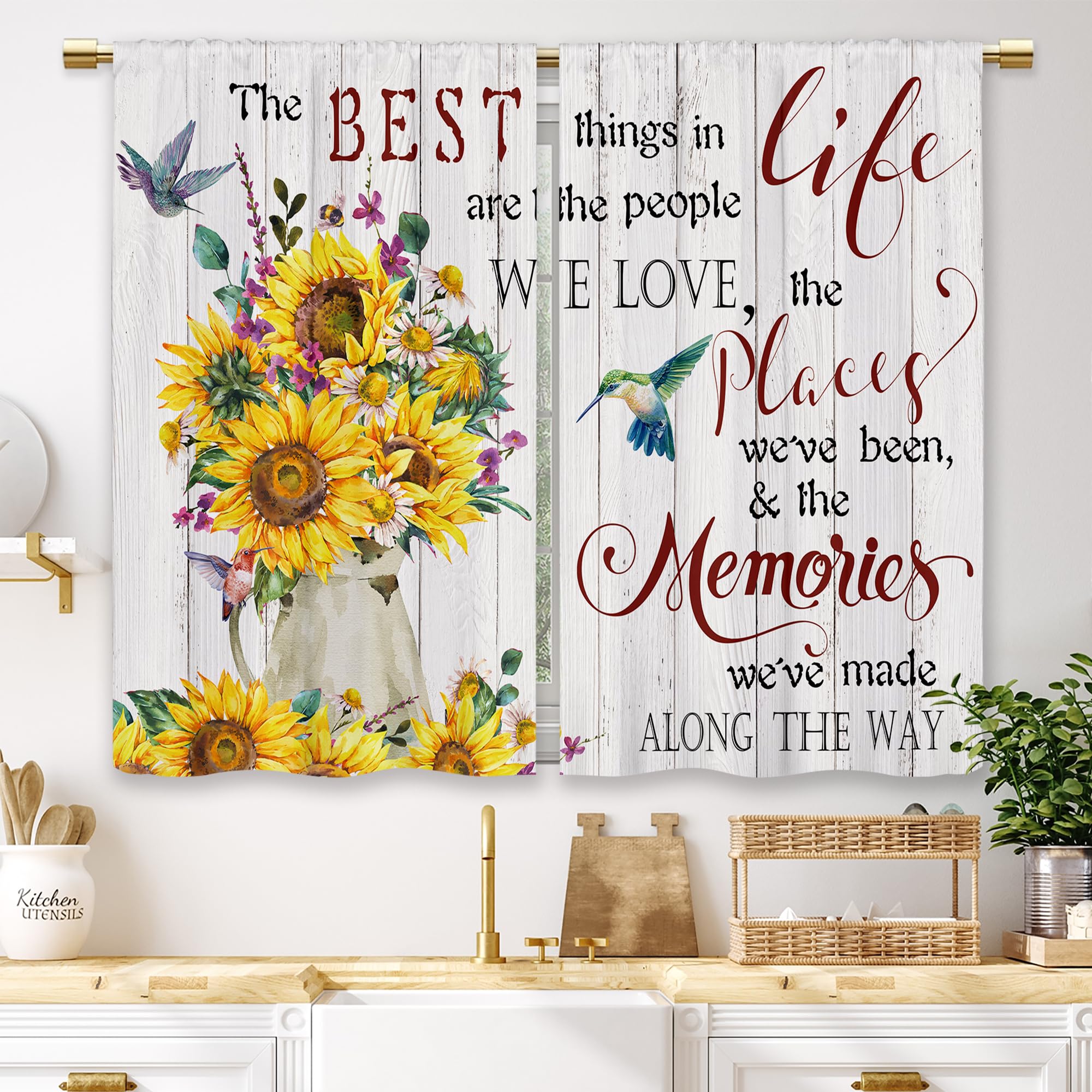 Laifzere Rustic Sunflower Vase Kitchen Curtains Farmhouse Flower Floral Quotes Inspirational Small Short Cafe Window Curtains Wooden Hummingbird Bathroom Drapes Treatment Tier Curtains(27.5x39 Inch) — image 1