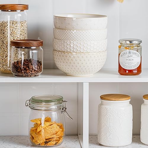 Miniatura 2 de Juego de 4 cuencos de cerámica para cereales de 30 onzas, para cocina, cuencos de cerámica con relieve, cuencos blancos para cereales, sopa, arroz,