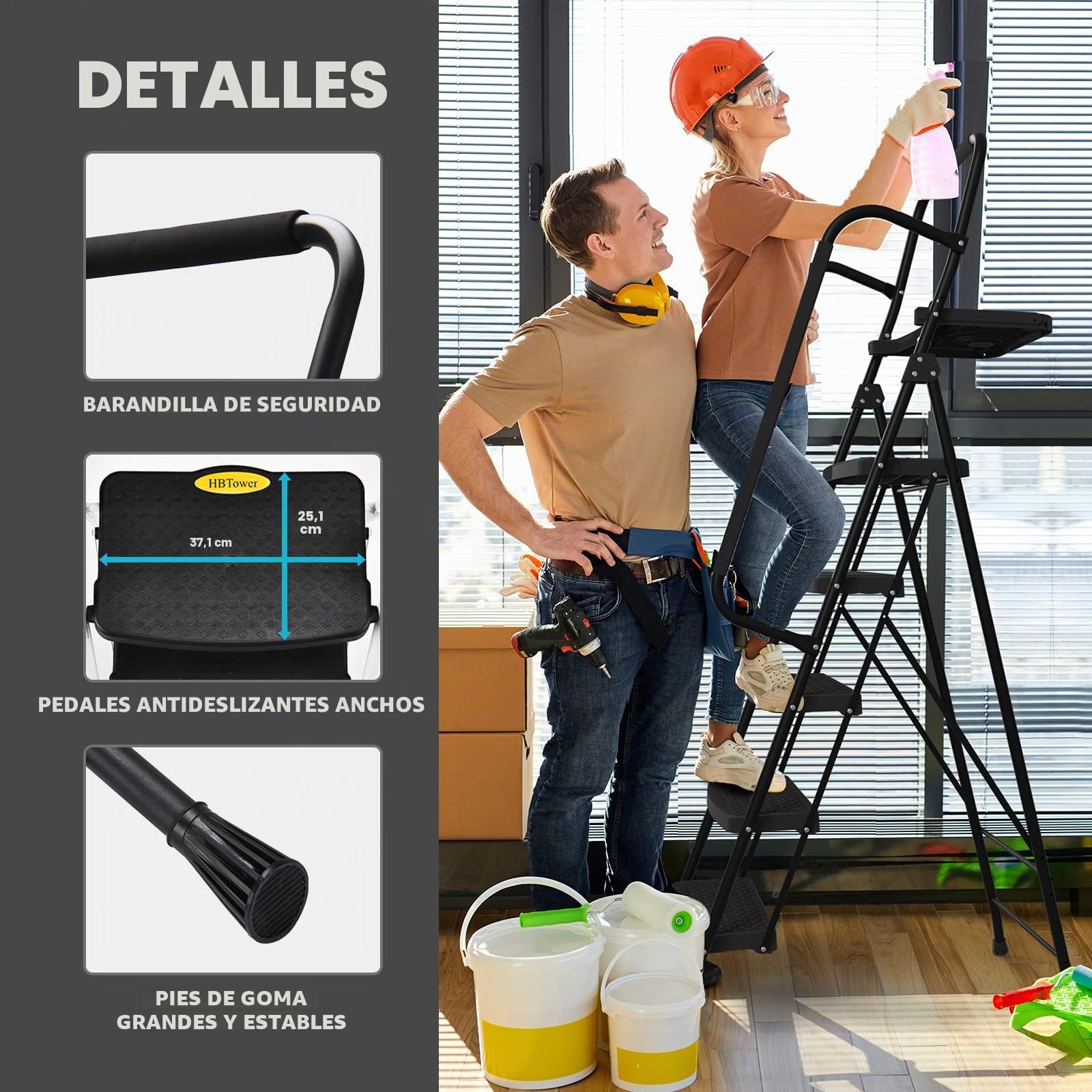 HBTower Escalera 5 Peldaños Plegable con Bandeja Portaherramientas, Escalera Antideslizante de Acero, Capacidad Máxima 150 kg, Ideal para Casa, Garaje y Obra