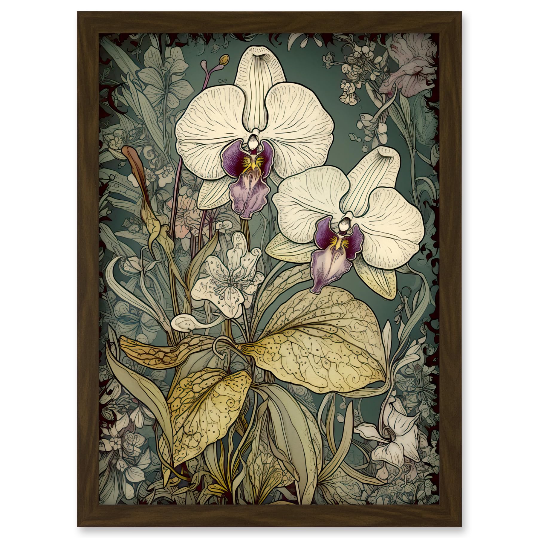 Artery8 William Morris Style White and Purple Orchid Artwork Framed A3 Wall Art Print