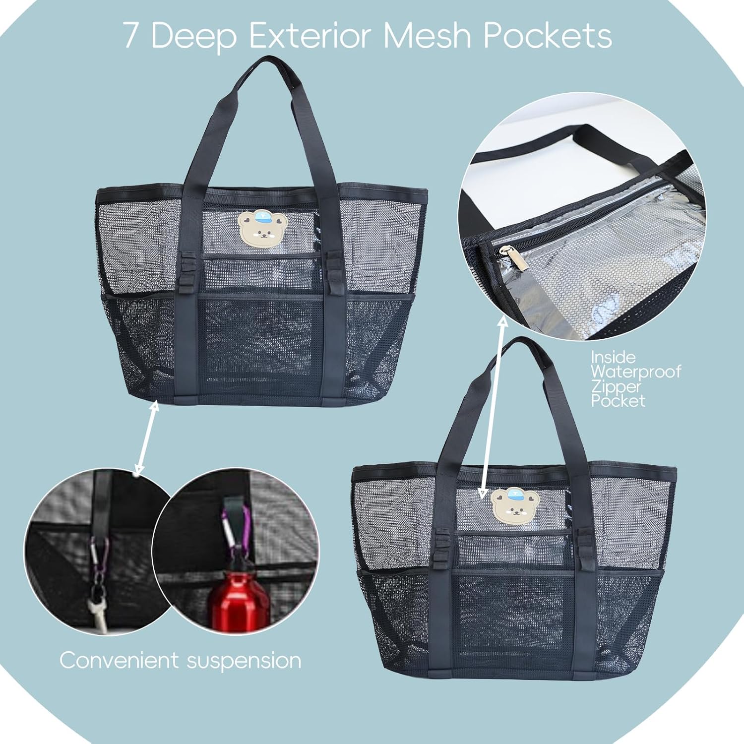Mesh Beach Bag, Large Tote Bag with Zipper Pocket for Family, Toys &Vacation Essentials - Image 5