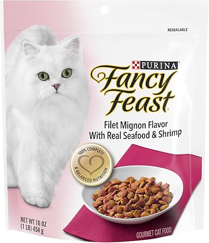 Fancy Feast Gourmet - Comida seca para gatos con sabor a filete mignon con mariscos reales y camarones, 16 onzas, (paquete de 12)