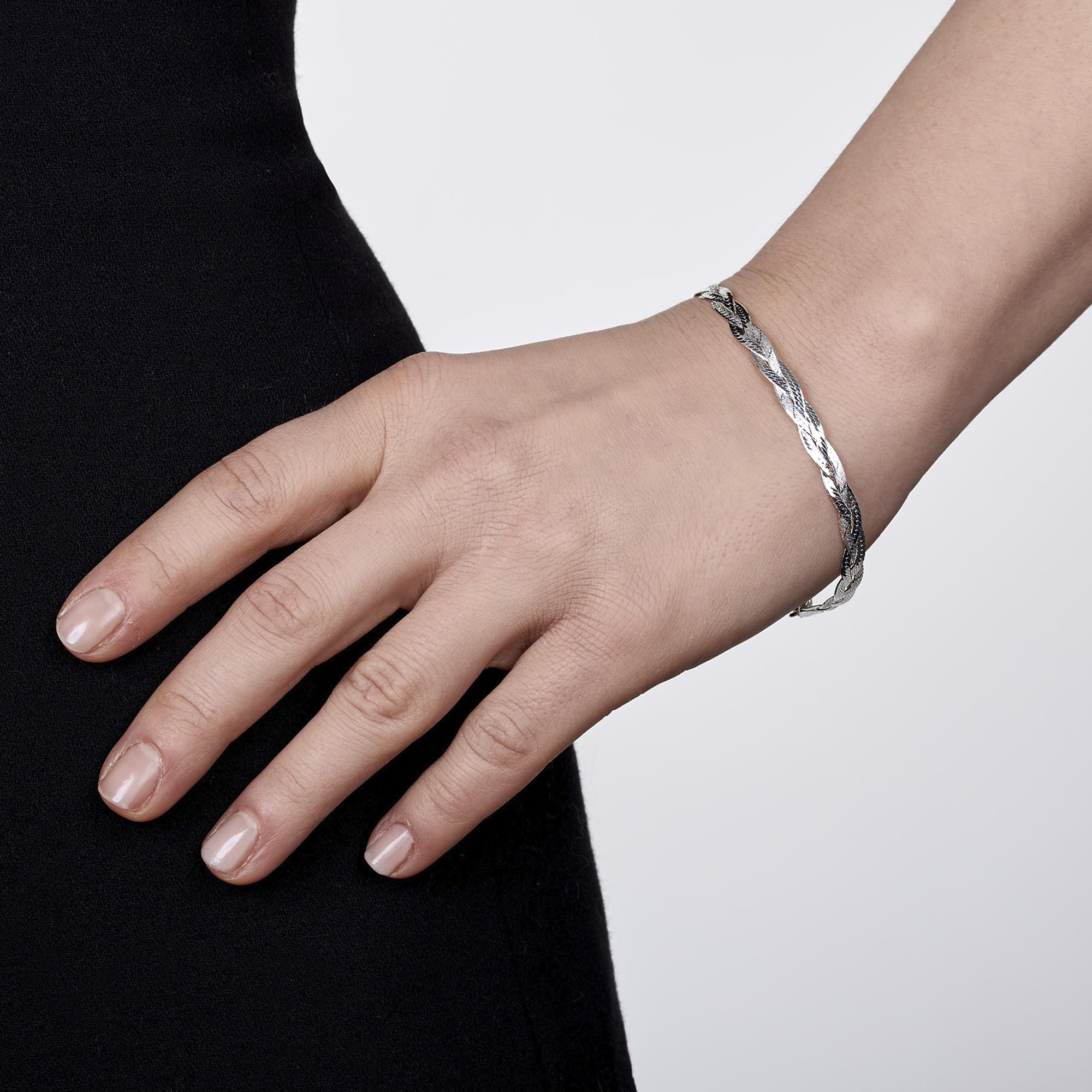 Amberta Pulsera para Mujer en Plata de Ley 925 Eslabon Herringbone Longitud 19 cm