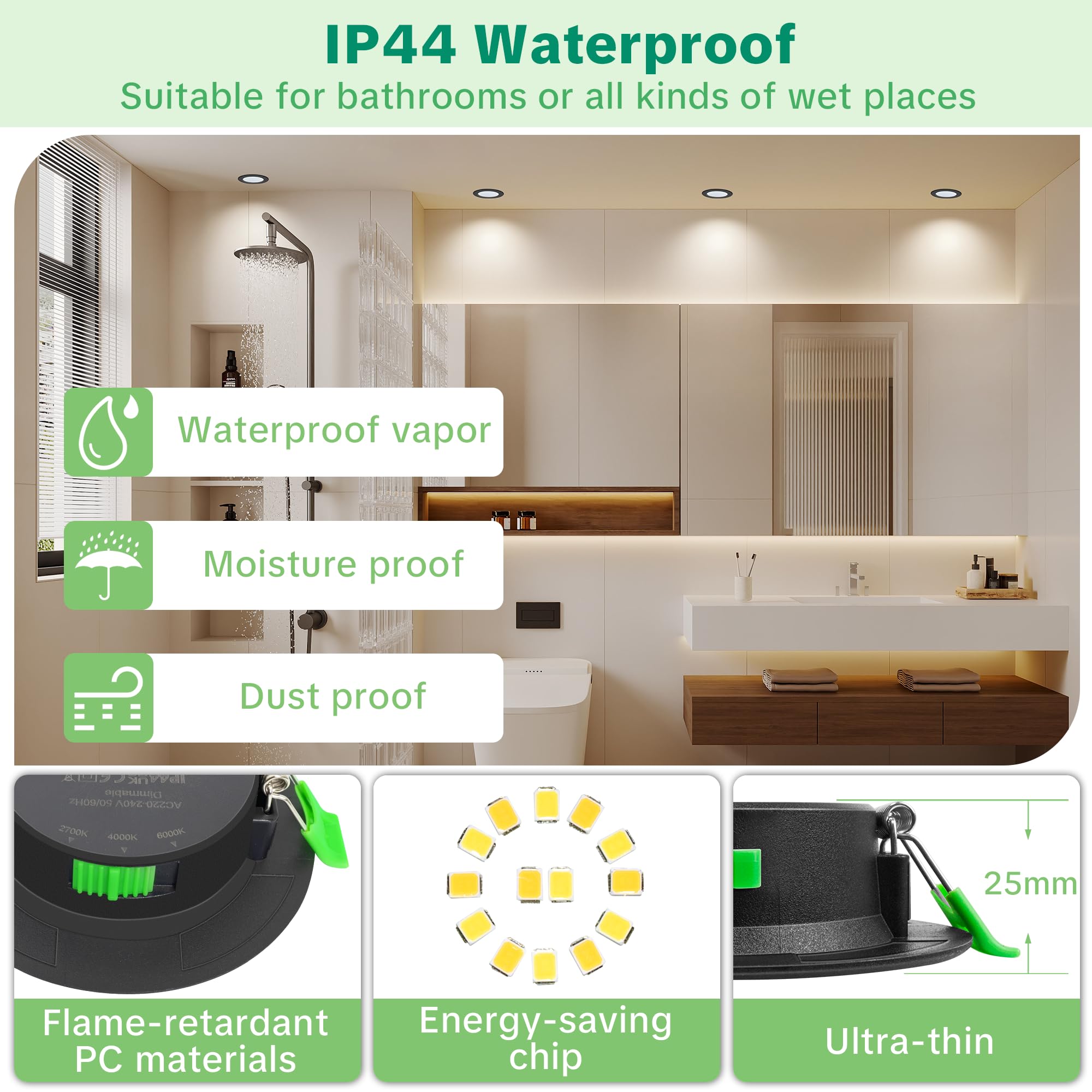Downlight LED Techo Empotrable Extraplano Regulable 230V, 5W 650LM Focos LED Empotrables Techo Blanco Cálido Blanco Neutro Blanca Frío, IP44 Ojos de Buey, Corte 68-80mm, Negro 10 Pack