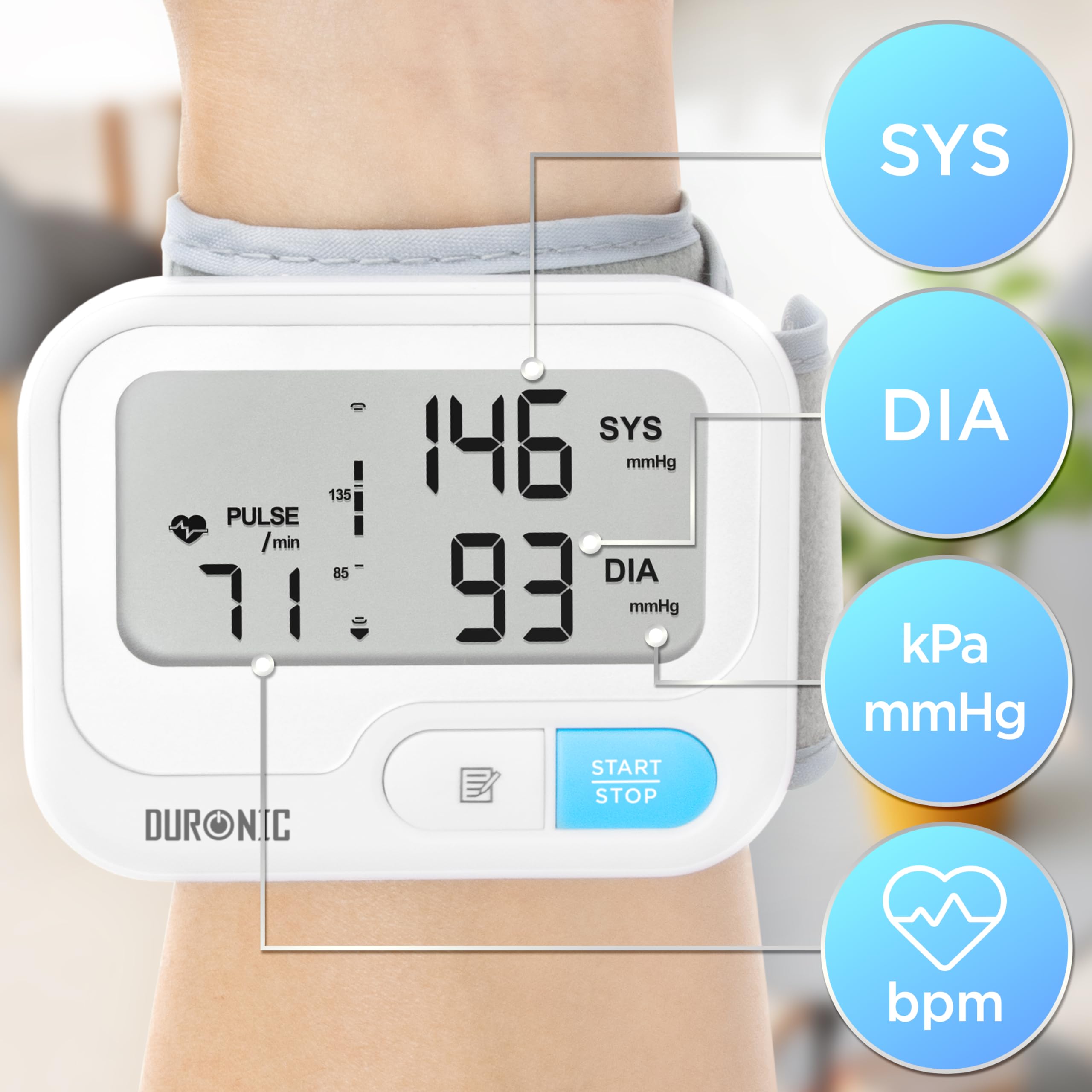 Duronic BPM65 WE Ciśnieniomierz nadgarstkowy elektroniczny certyfikowany medycznie | pomiar ciśnienia krwi | automatyczny monitor ciśnienia na nadgarstek